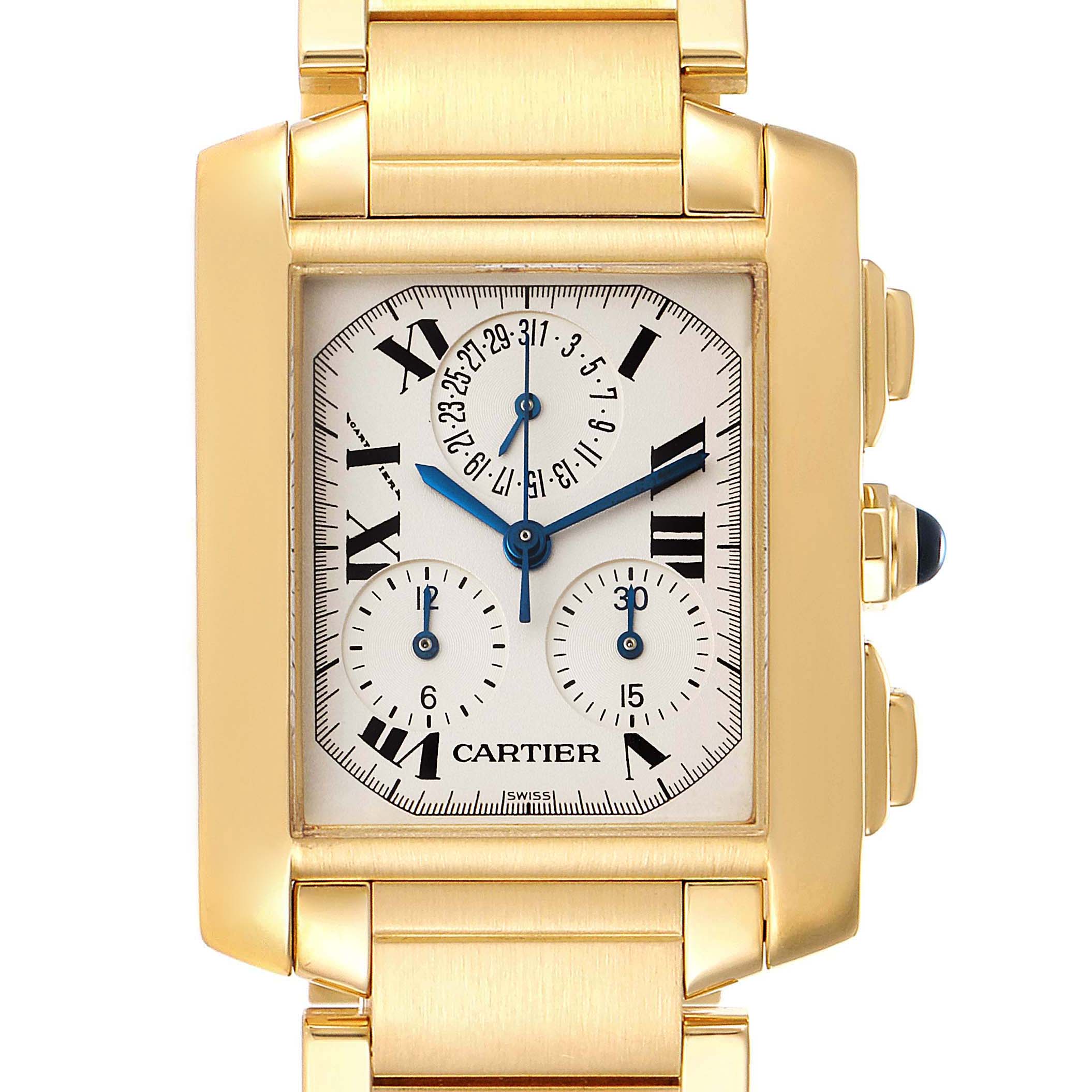 The image shows a front view of a Cartier Tank Francaise W50005R2 Men's Yellow Gold Silver Dial W50005R2 Men's Yellow Gold Silver Dial watch, highlighting its dial, gold case, and bracelet.