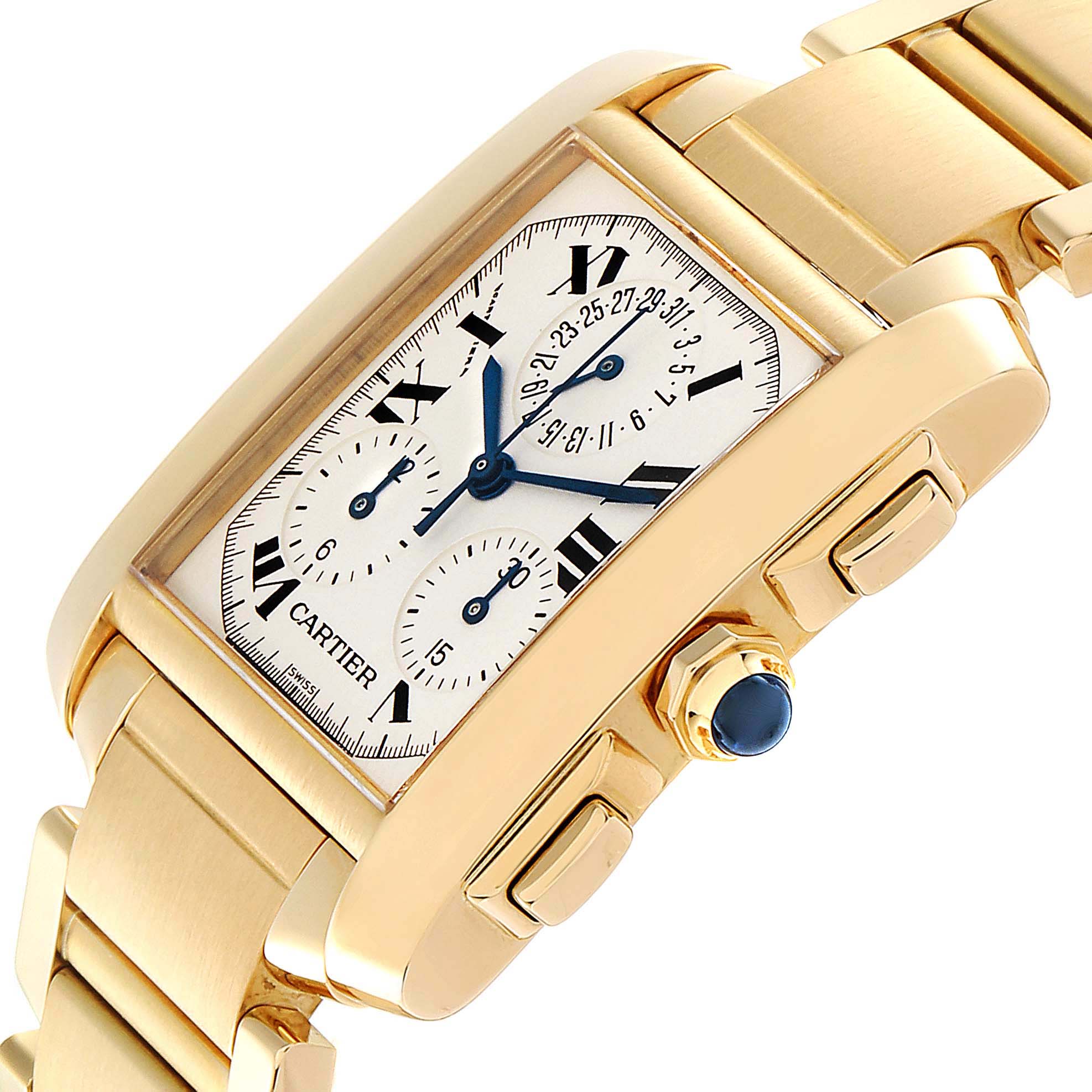 The Cartier Tank Francaise W50005R2 Men's Yellow Gold Silver Dial W50005R2 Men's Yellow Gold Silver Dial watch is shown at a tilted angle, highlighting its gold case, dial, crown, and linked bracelet.