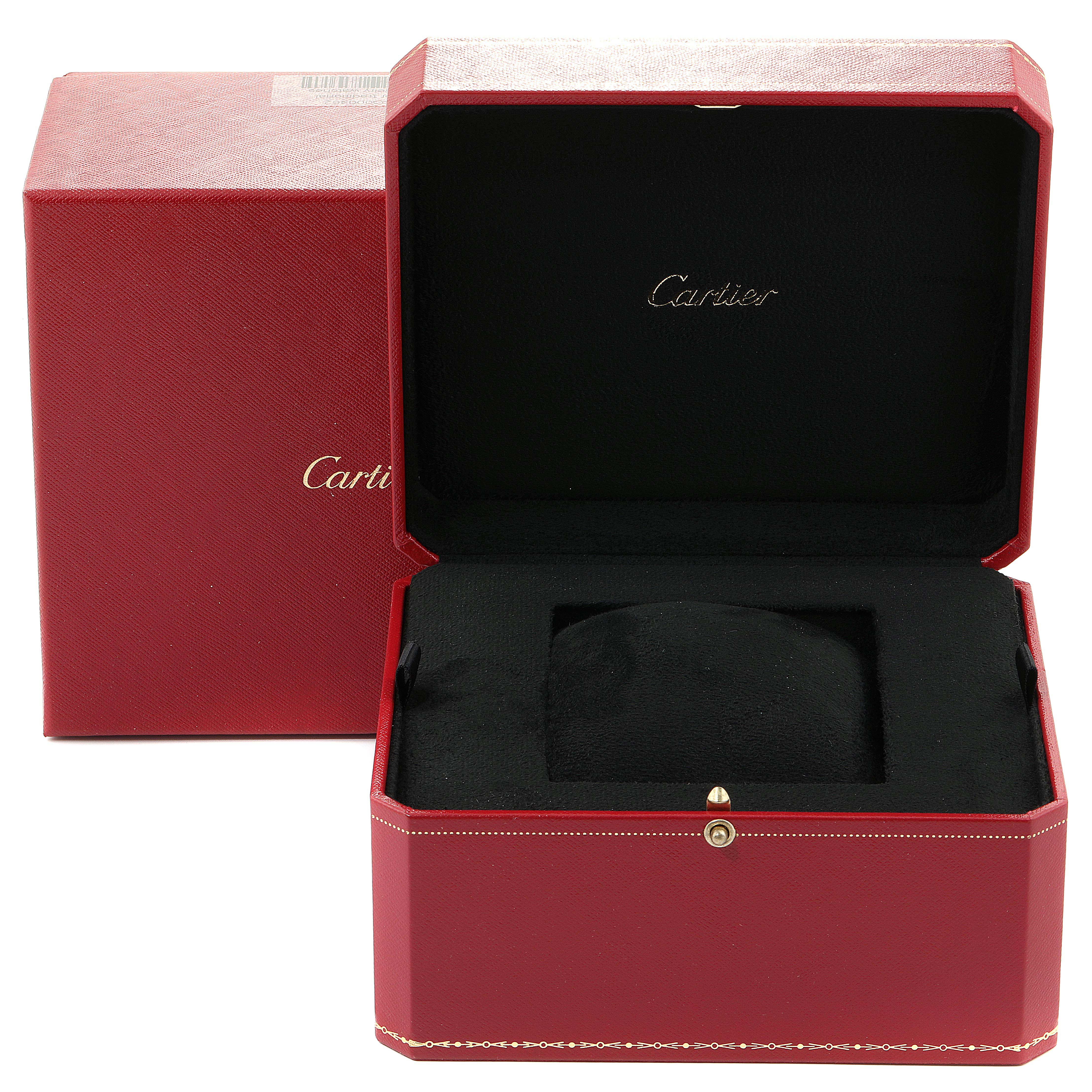 The image shows an open red Cartier box for the Tank Francaise model watch, revealing its black interior.