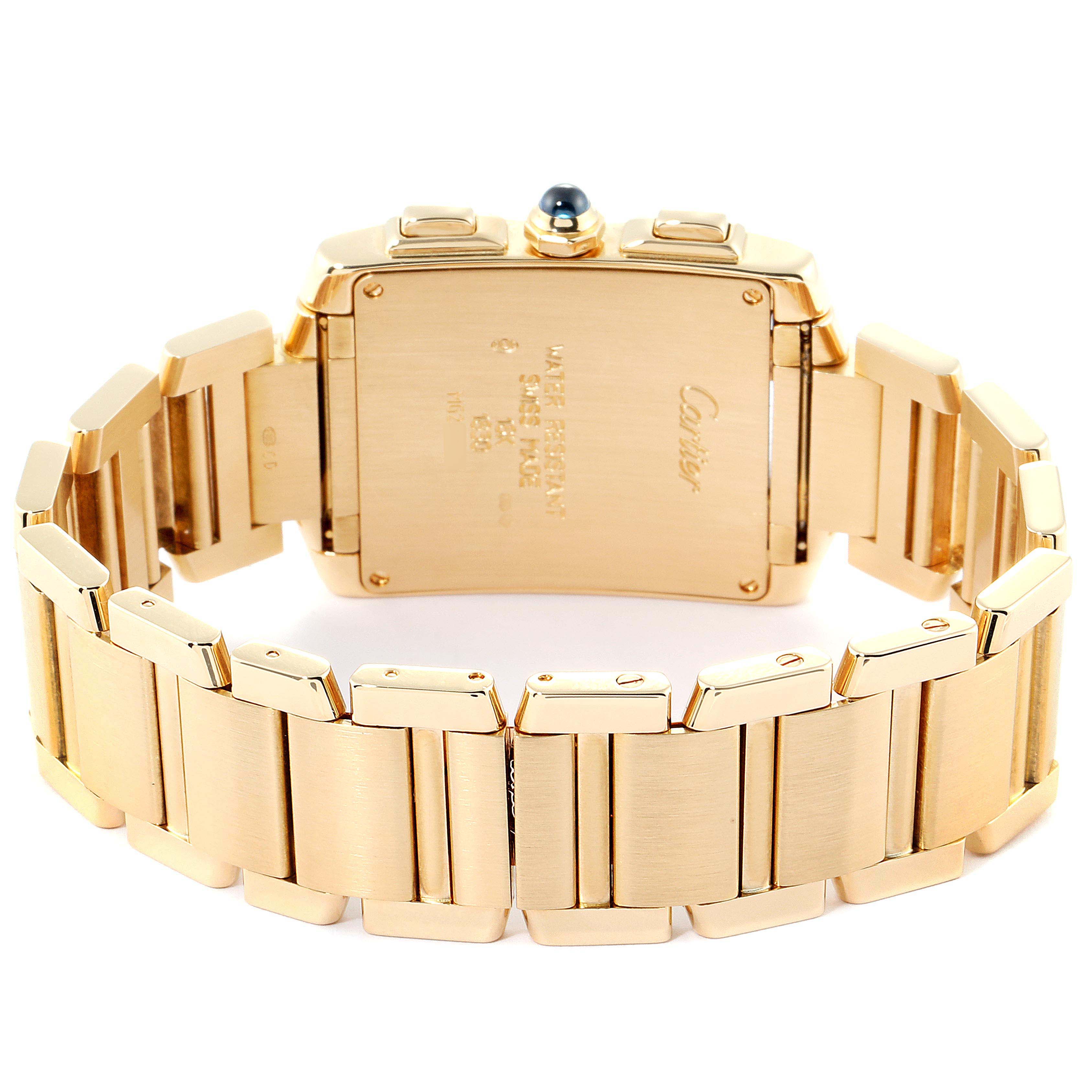 The image shows the back view of a Cartier Tank Francaise W50005R2 Men's Yellow Gold Silver Dial W50005R2 Men's Yellow Gold Silver Dial watch, highlighting the case back, bracelet, and crown.