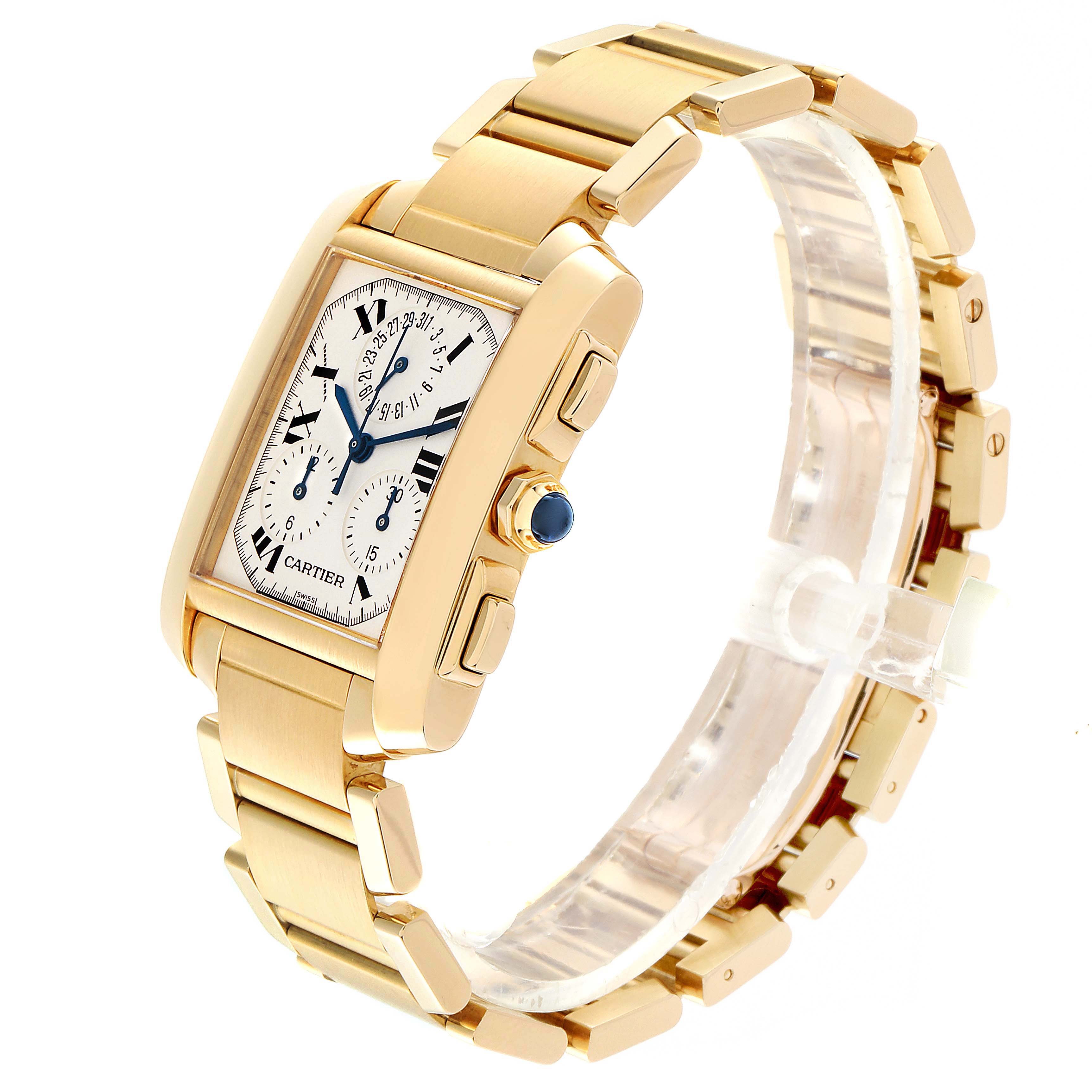 The image shows a side angle of the Cartier Tank Francaise W50005R2 Men's Yellow Gold Silver Dial W50005R2 Men's Yellow Gold Silver Dial watch, highlighting its gold case and bracelet.