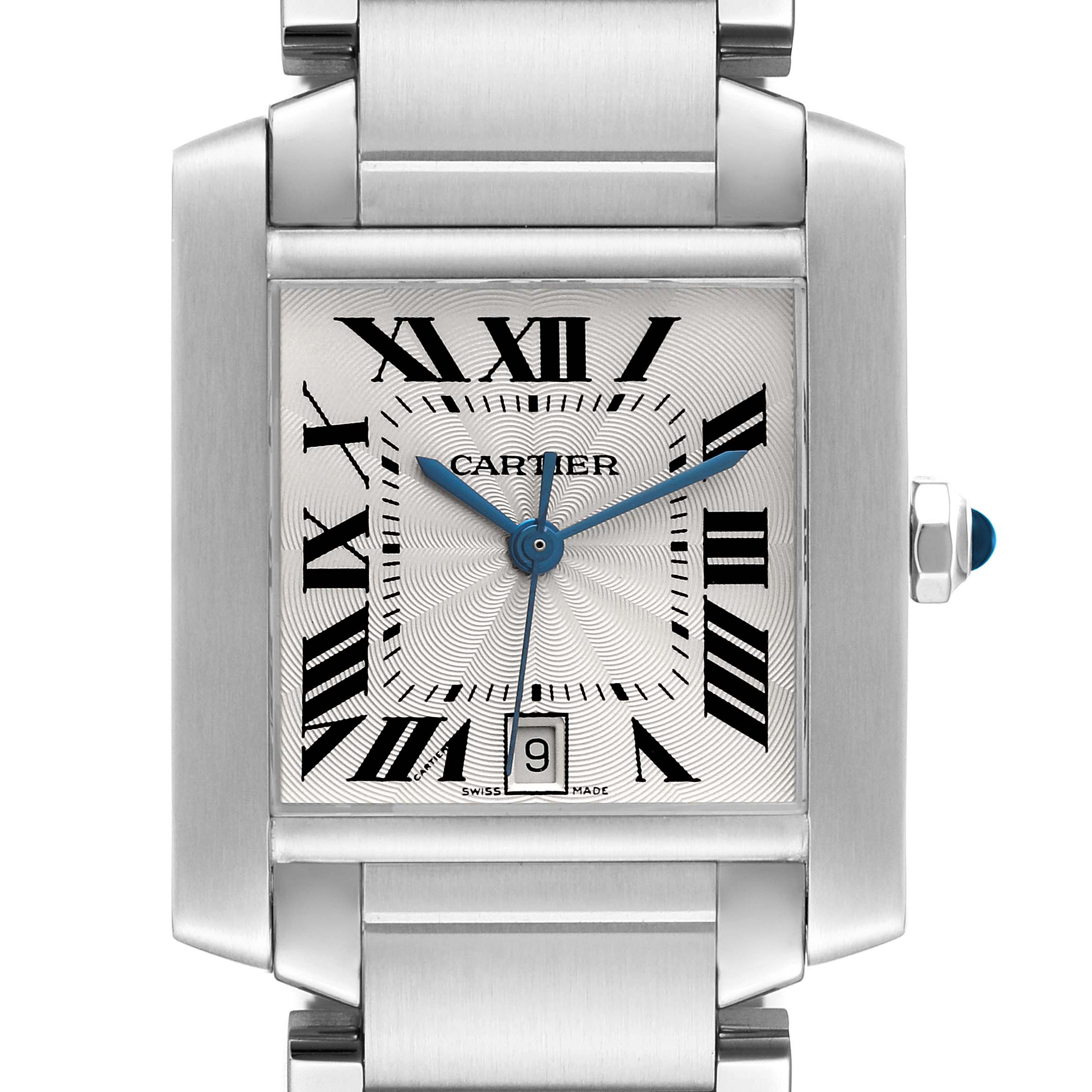 Front view of the Cartier Tank Francaise W51002Q3 Men
s Stainless Steel Silver Dial W51002Q3 Men
s Stainless Steel Silver Dial watch showcasing the dial, bezel, bracelet, and crown.