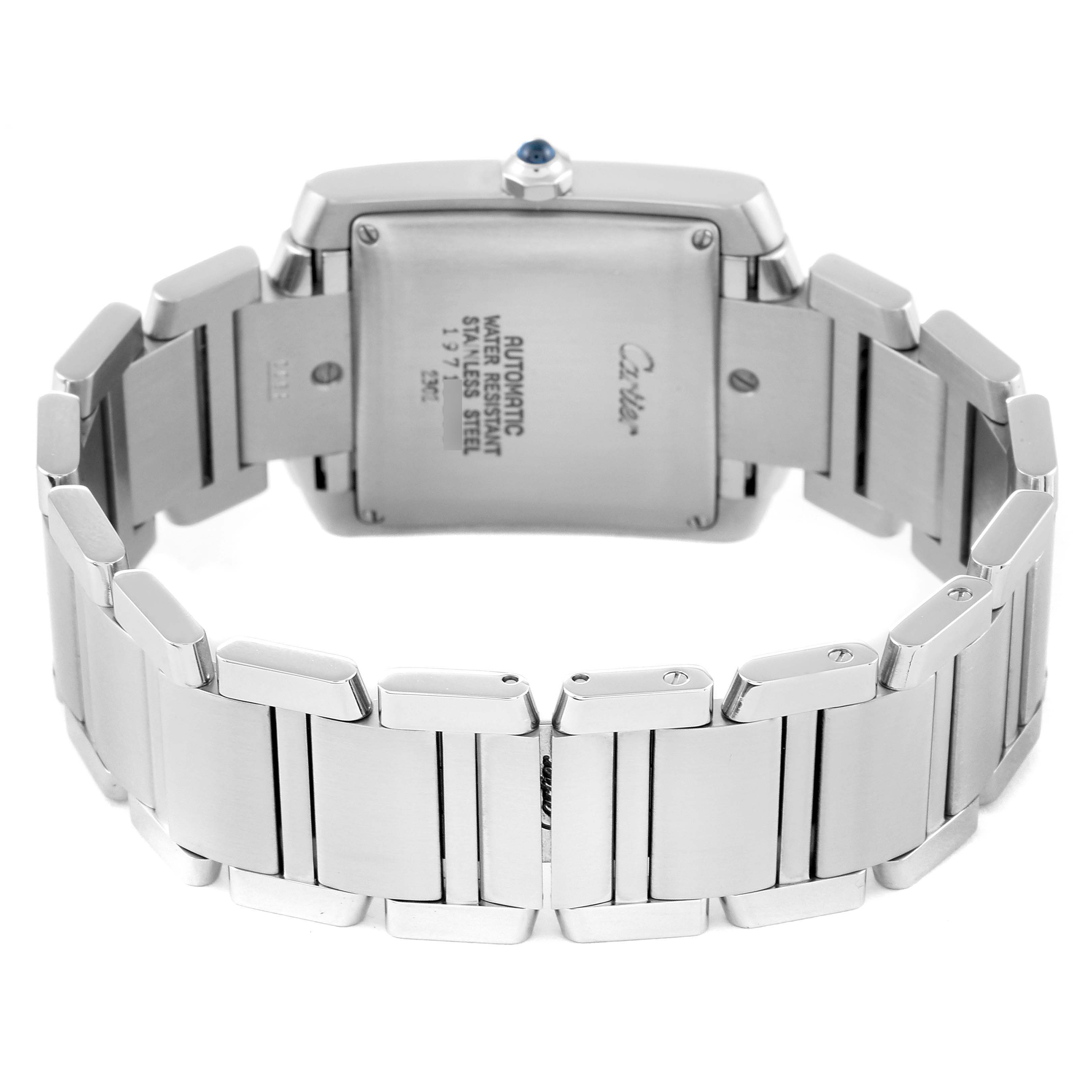 This image shows the back view of a Cartier Tank Francaise W51002Q3 Men
s Stainless Steel Silver Dial W51002Q3 Men
s Stainless Steel Silver Dial watch, focusing on the case back and stainless steel bracelet.