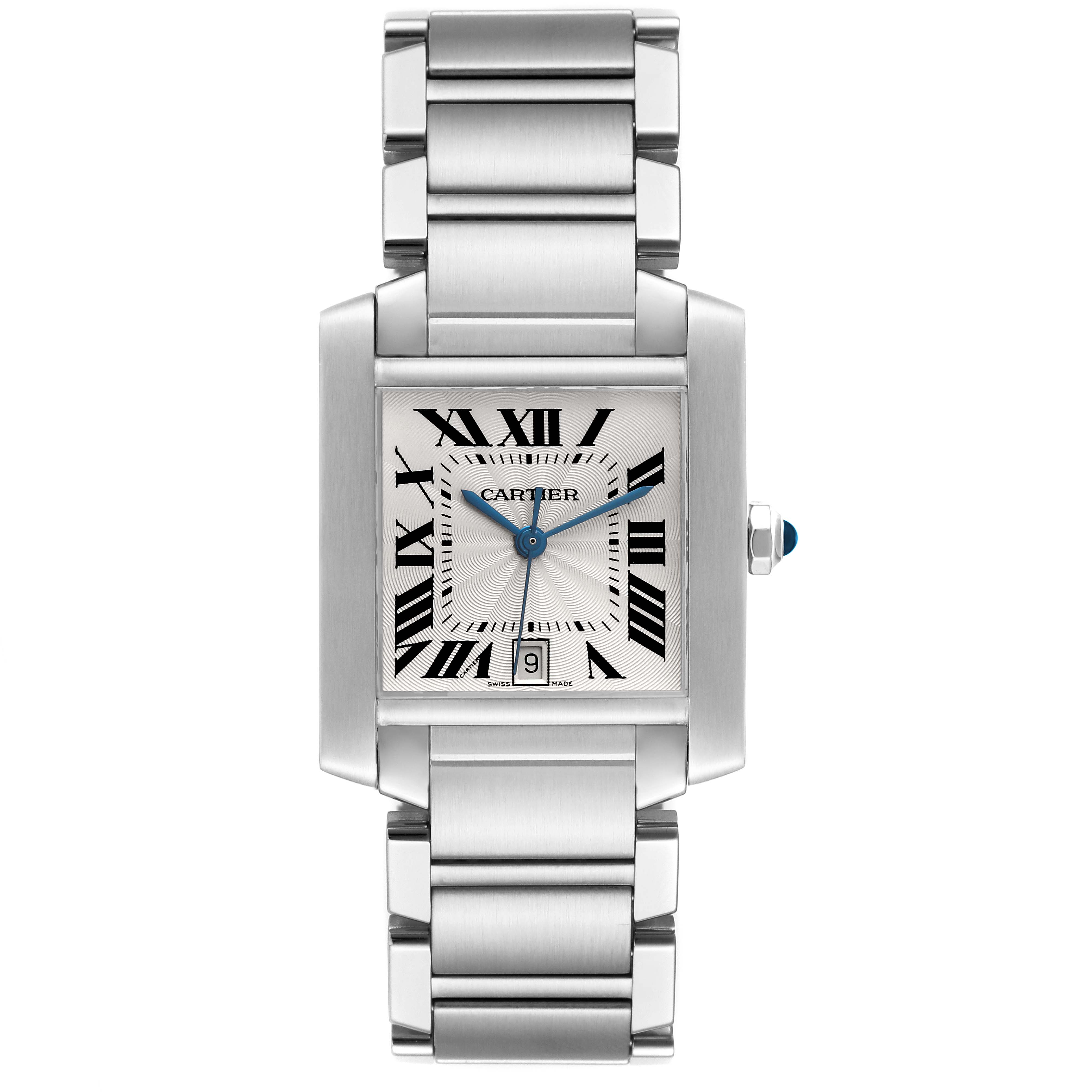 The image shows a frontal view of the Tank Francaise model by Cartier, displaying its face and metal bracelet.