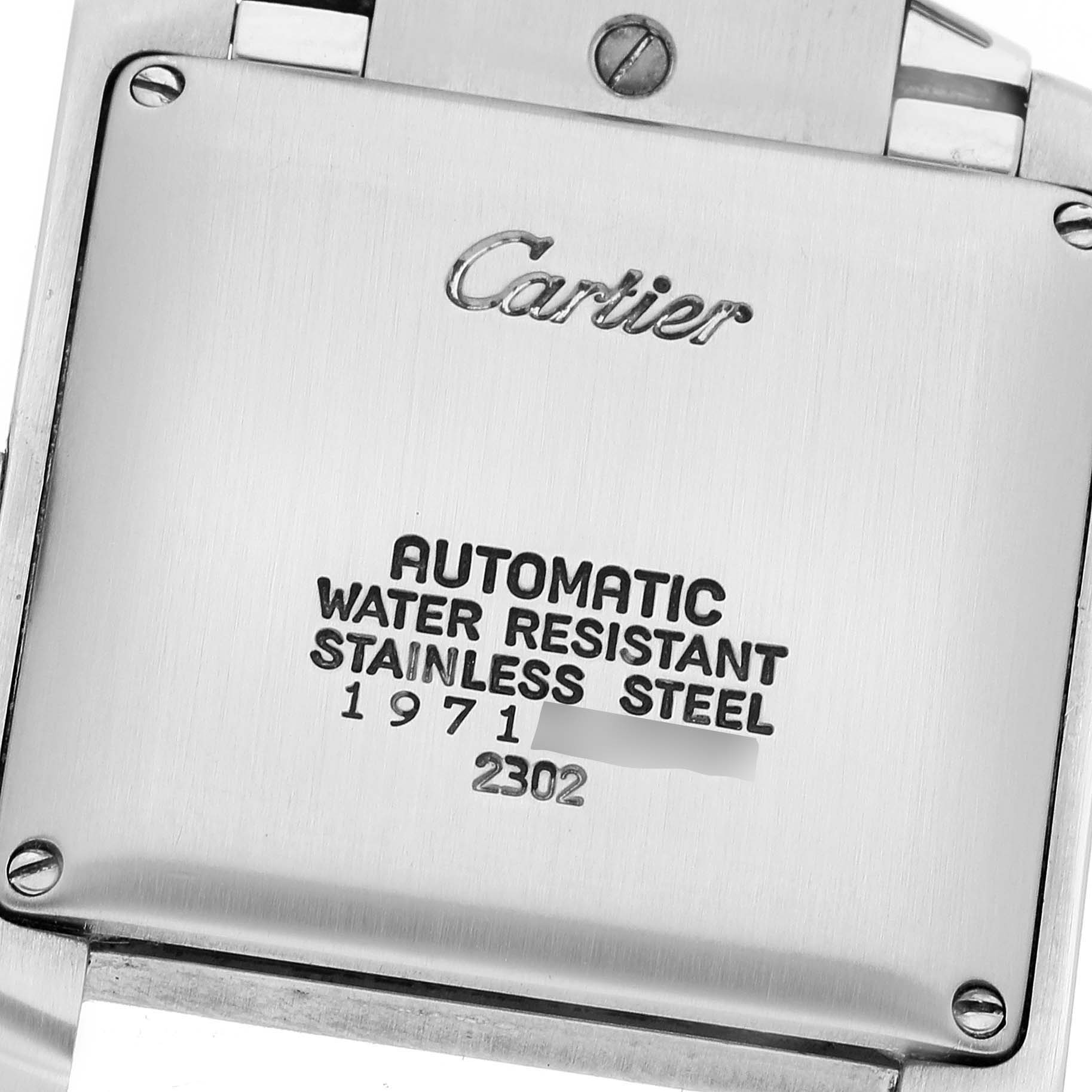 This image shows the case back of a Cartier Tank Francaise W51002Q3 Men
s Stainless Steel Silver Dial W51002Q3 Men
s Stainless Steel Silver Dial watch with engraved specifications.