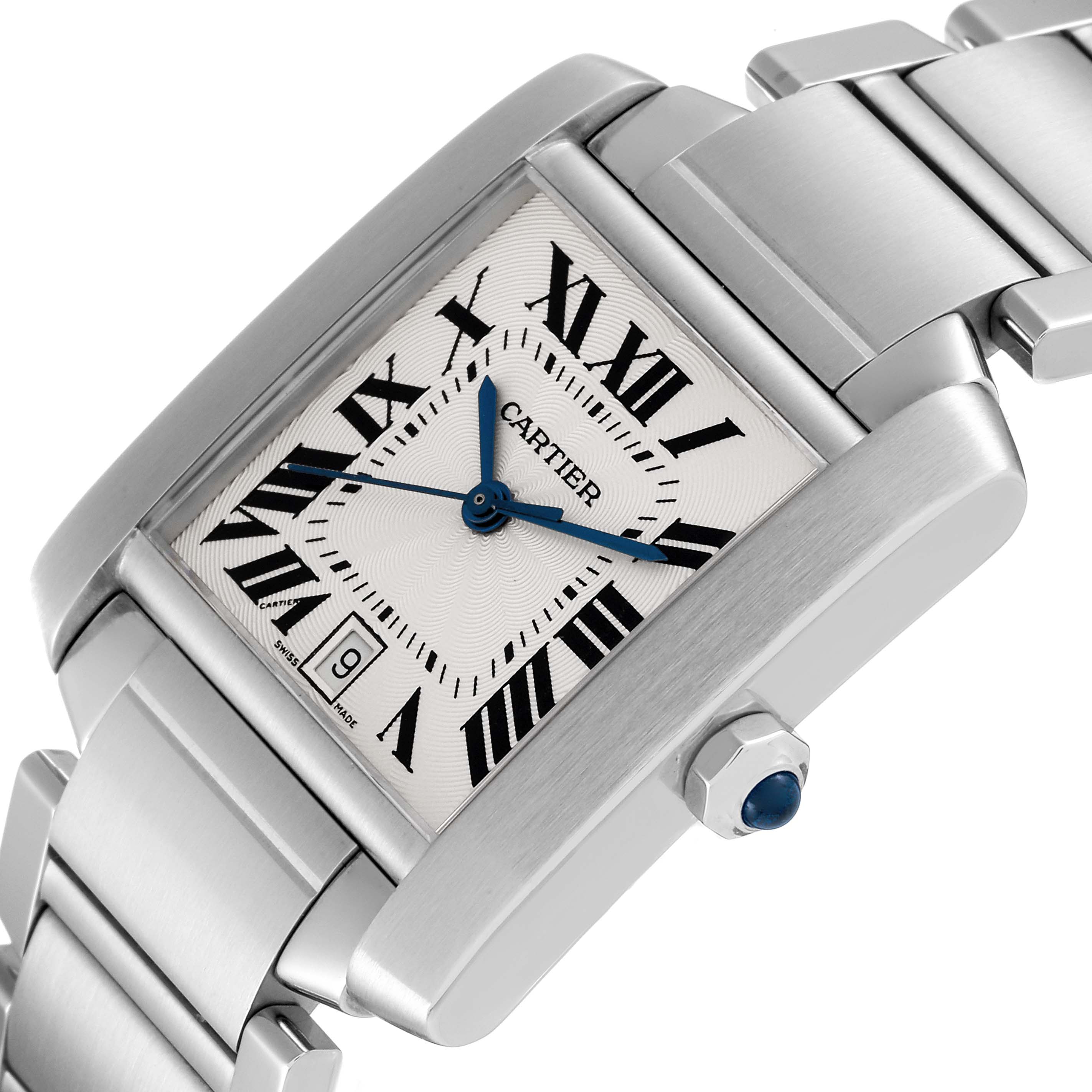 The Cartier Tank Francaise W51002Q3 Men
s Stainless Steel Silver Dial W51002Q3 Men
s Stainless Steel Silver Dial watch is shown at an oblique angle, highlighting the face, bracelet, and crown with a blue cabochon.