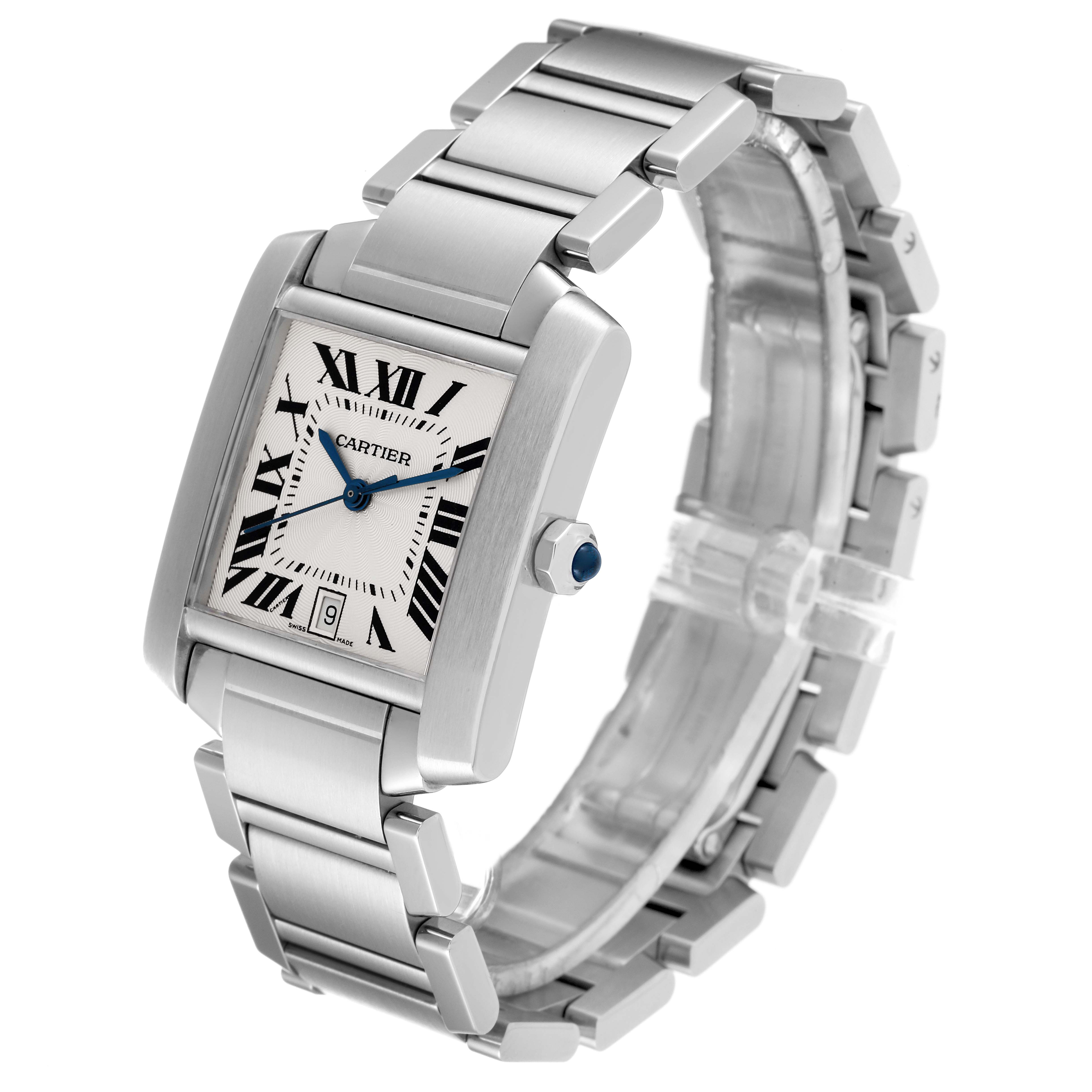 This is a side view of a Cartier Tank Française watch showing the face, bracelet, and crown.