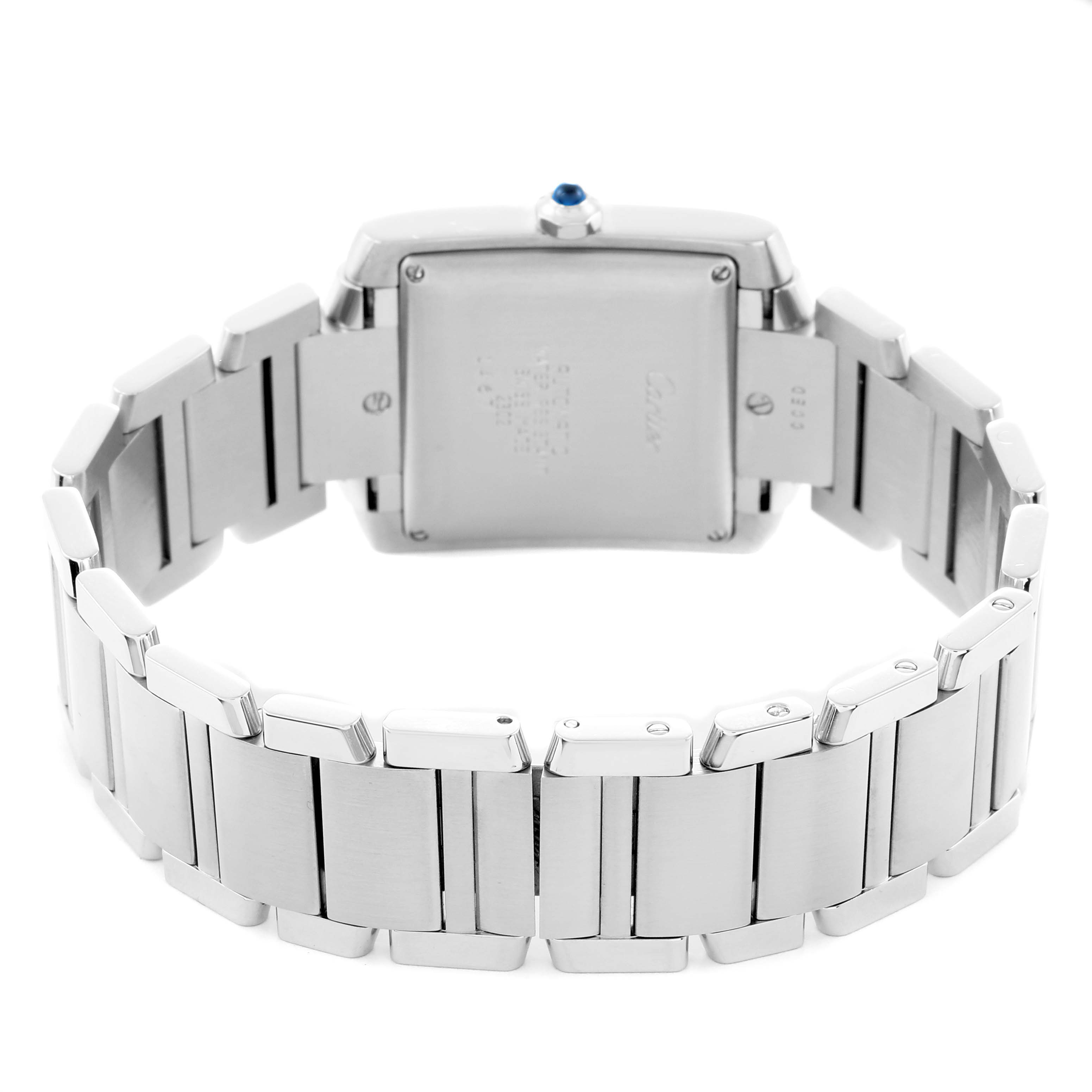 The image shows the back view of the Cartier Tank Française watch, highlighting the case back and bracelet details.