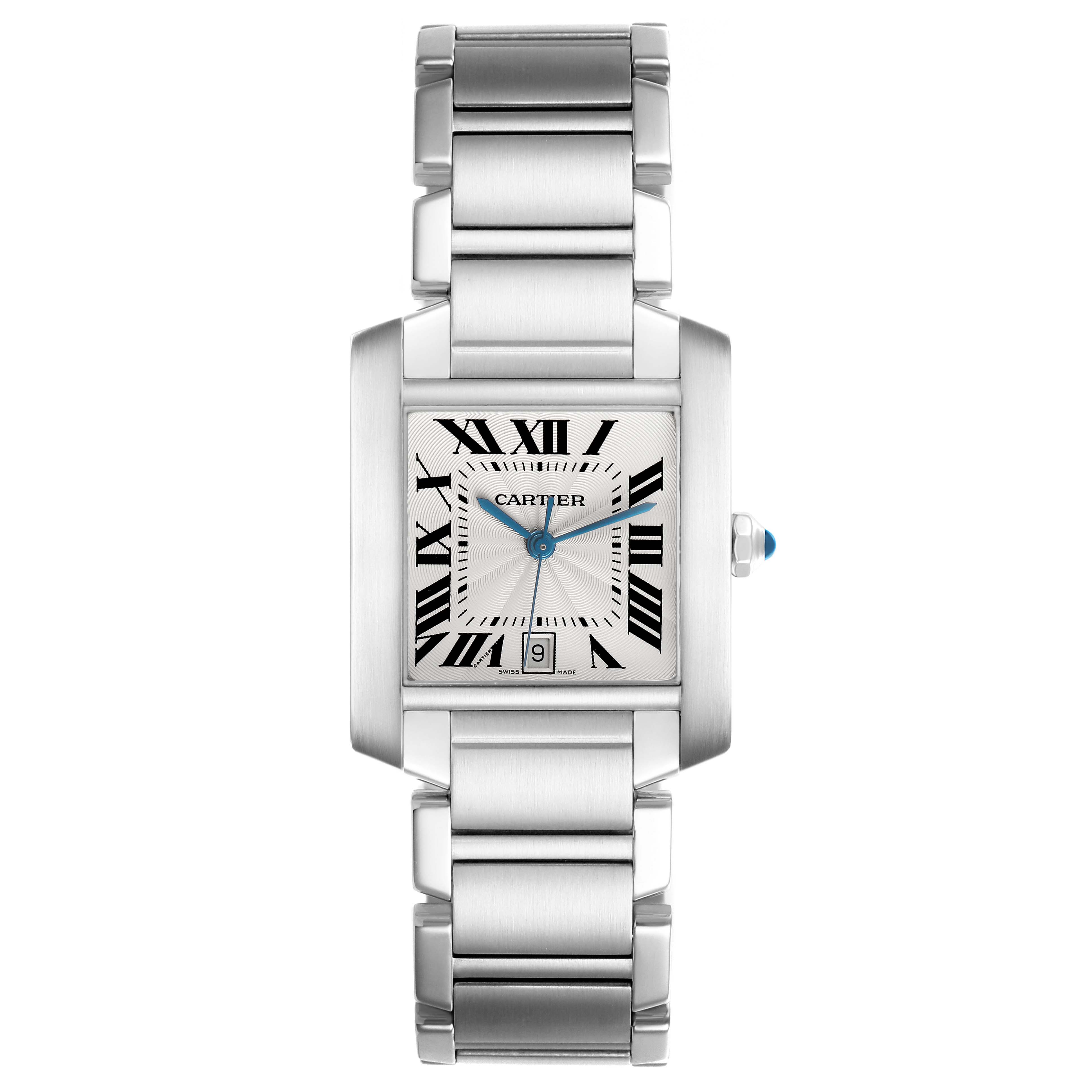 The Cartier Tank Française watch is shown from a top view, highlighting the face, bracelet, and crown.