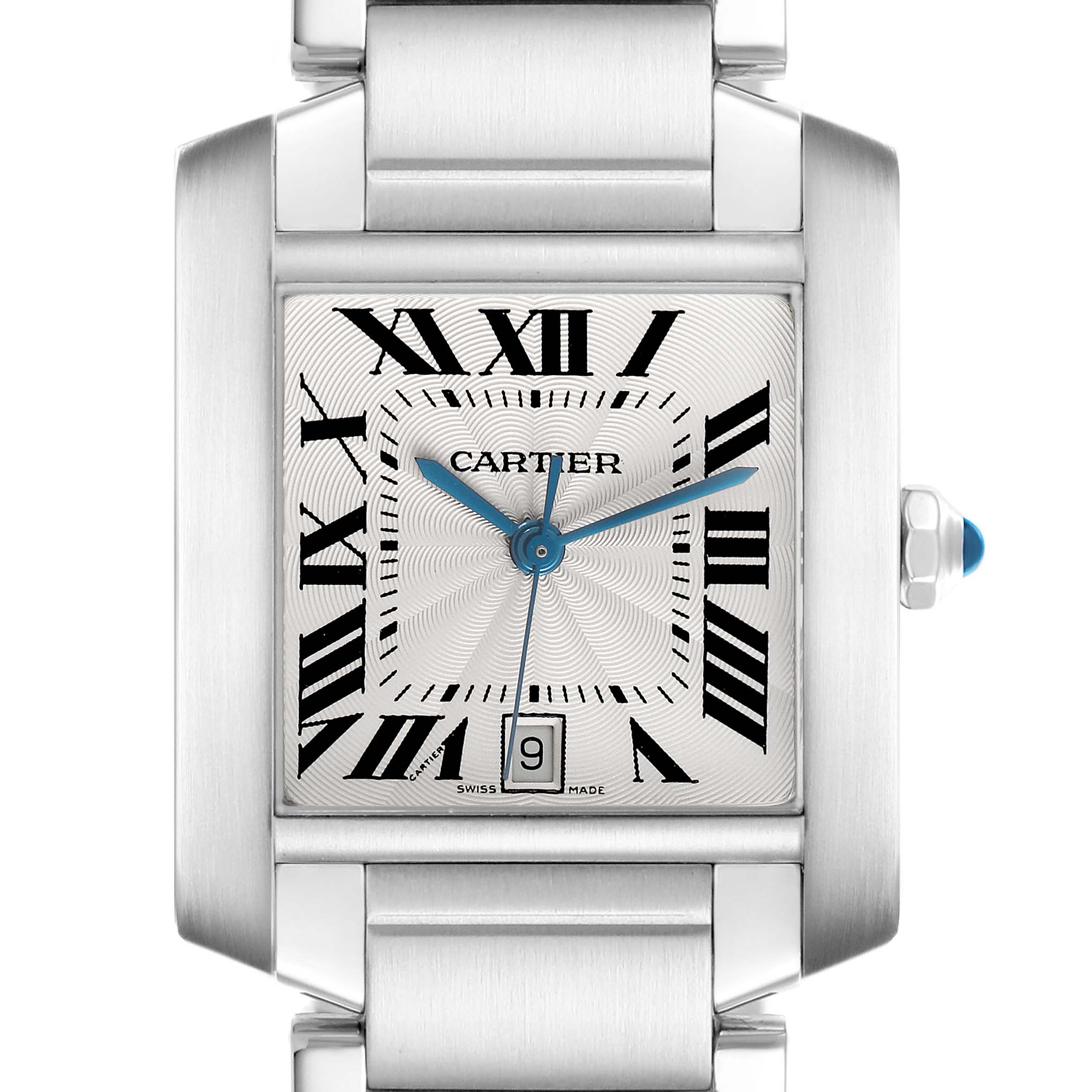 The Cartier Tank Française watch is shown from the front, highlighting its square dial, Roman numerals, hands, and bracelet.
