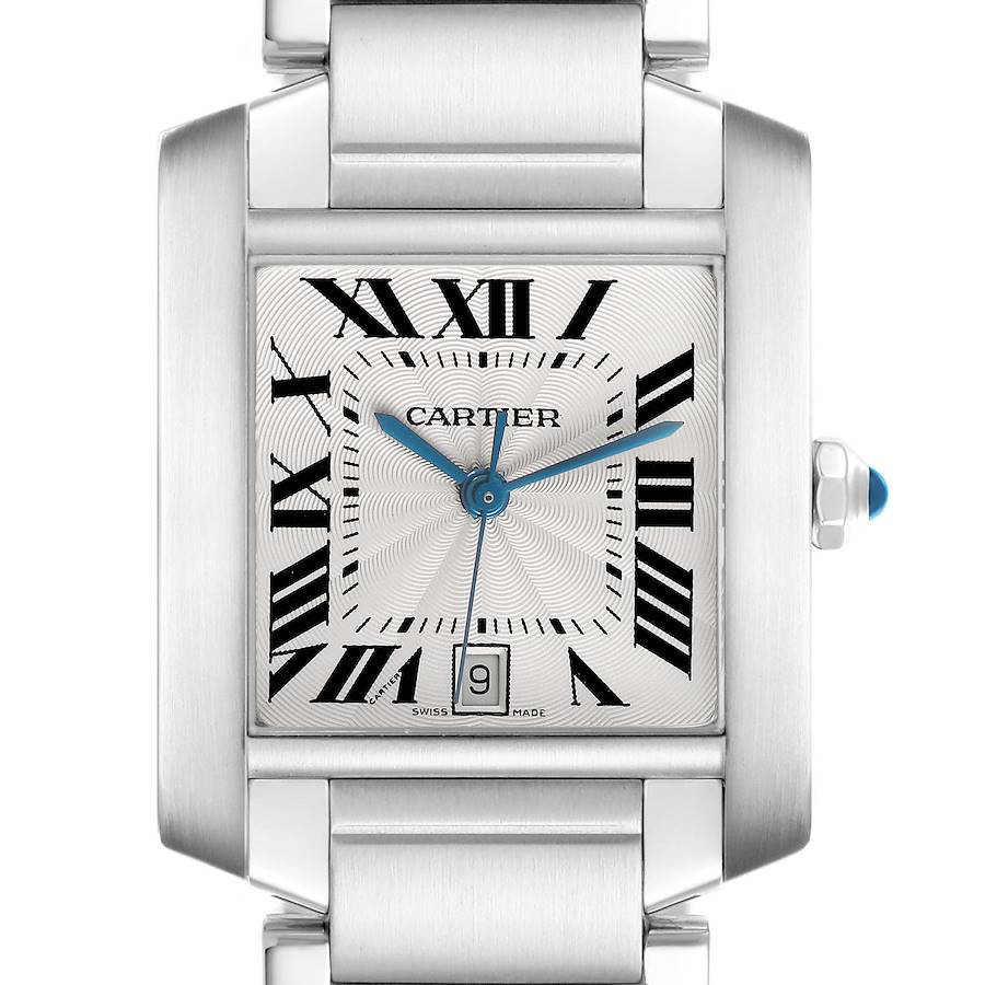 The Cartier Tank Francaise model number W51002Q3 is shown from a front angle, highlighting the dial, Roman numerals, and date window.