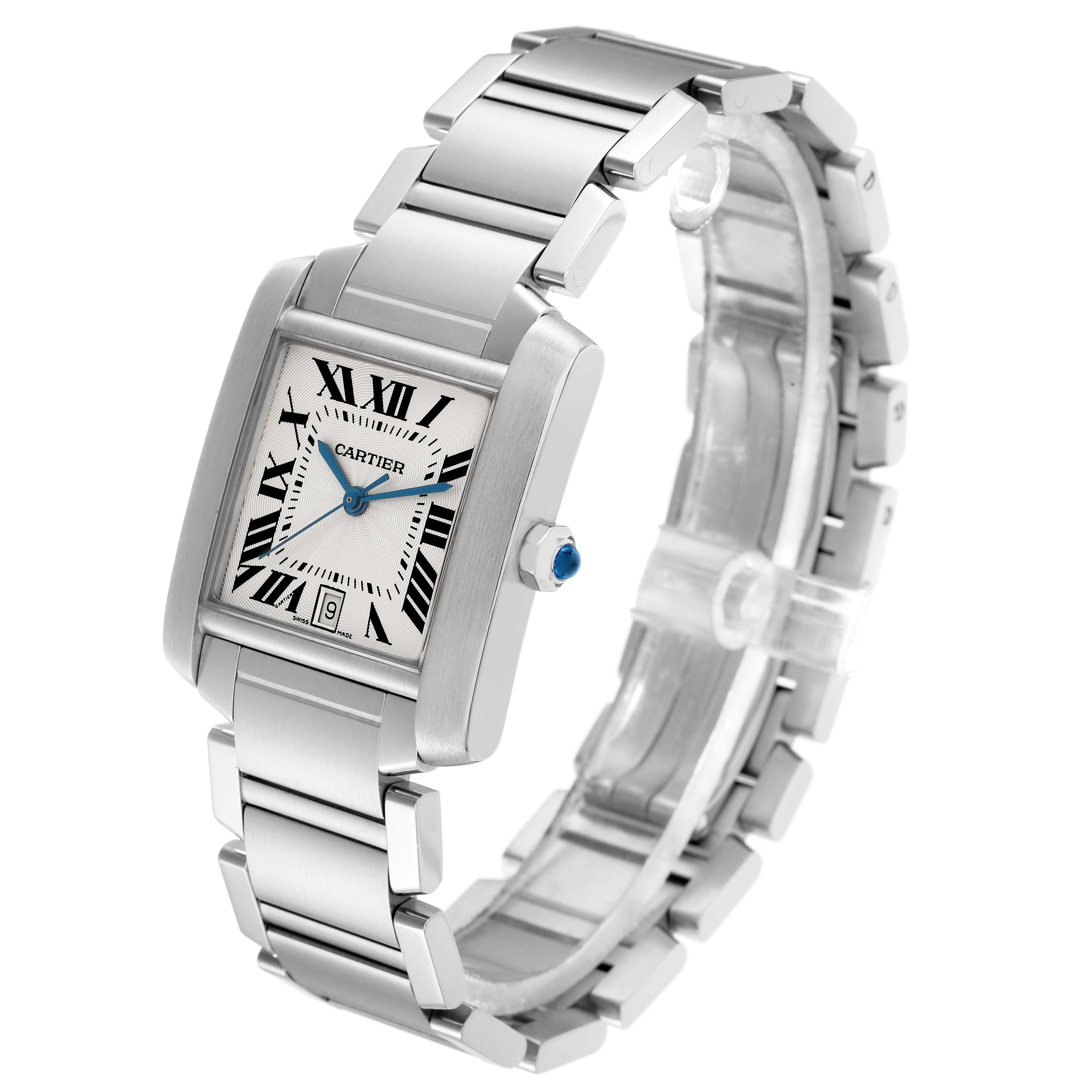 The Cartier Tank Française watch is shown at a three-quarter angle, displaying its rectangular face, bracelet, and crown.