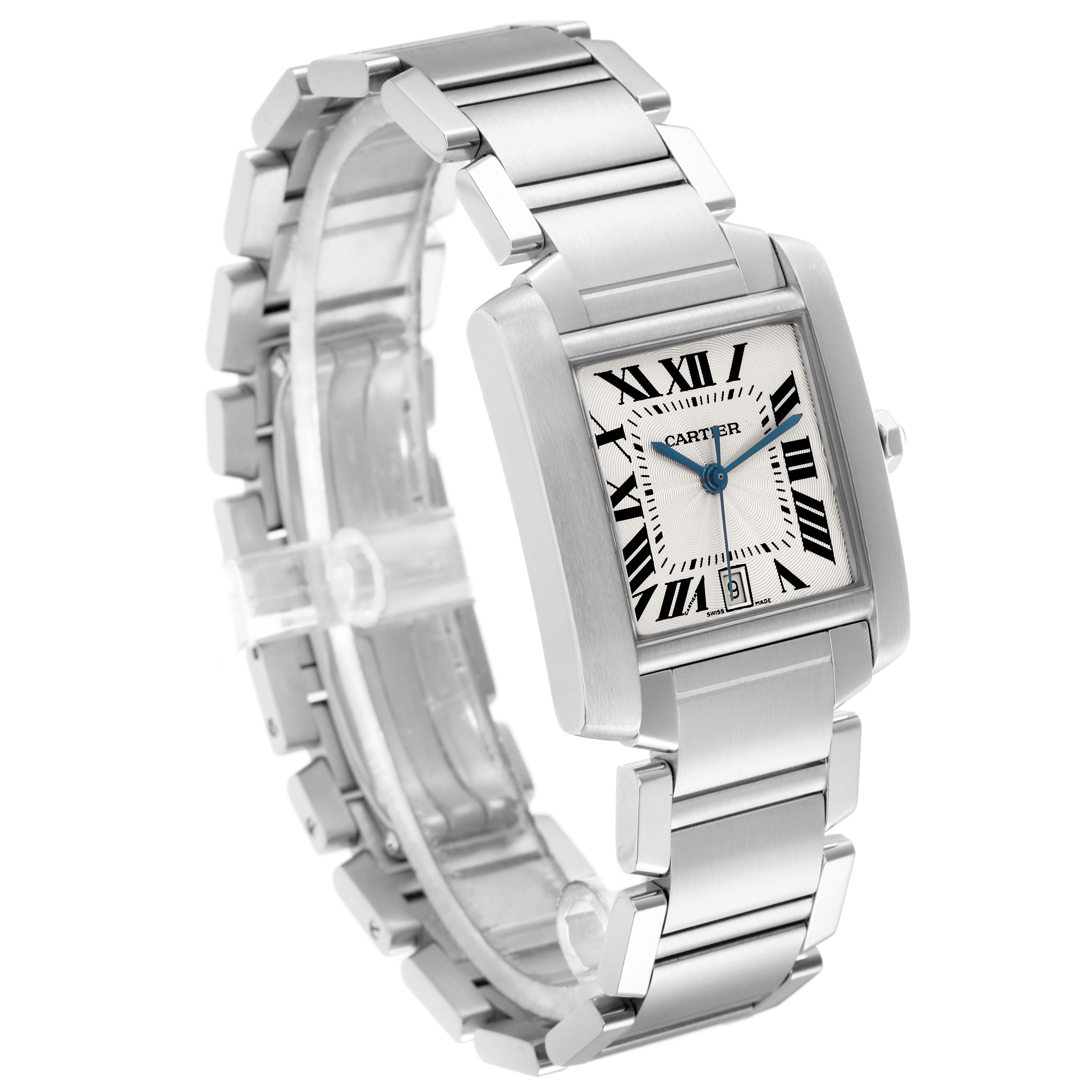 The Cartier Tank Française watch is shown from an oblique angle, highlighting the face, bracelet, and clasp.