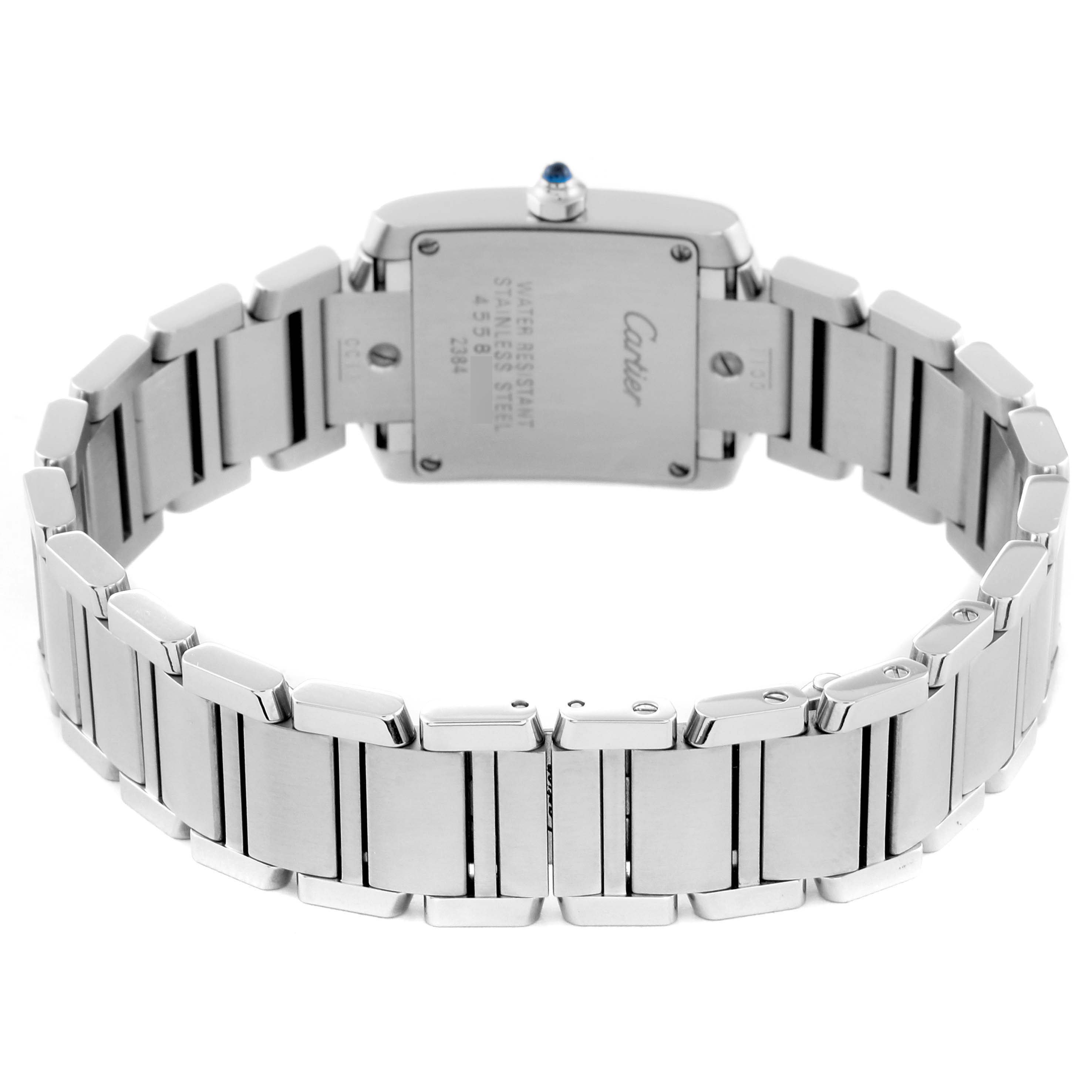 This image shows the back view of a Cartier Tank Française watch, highlighting its stainless steel case and bracelet.