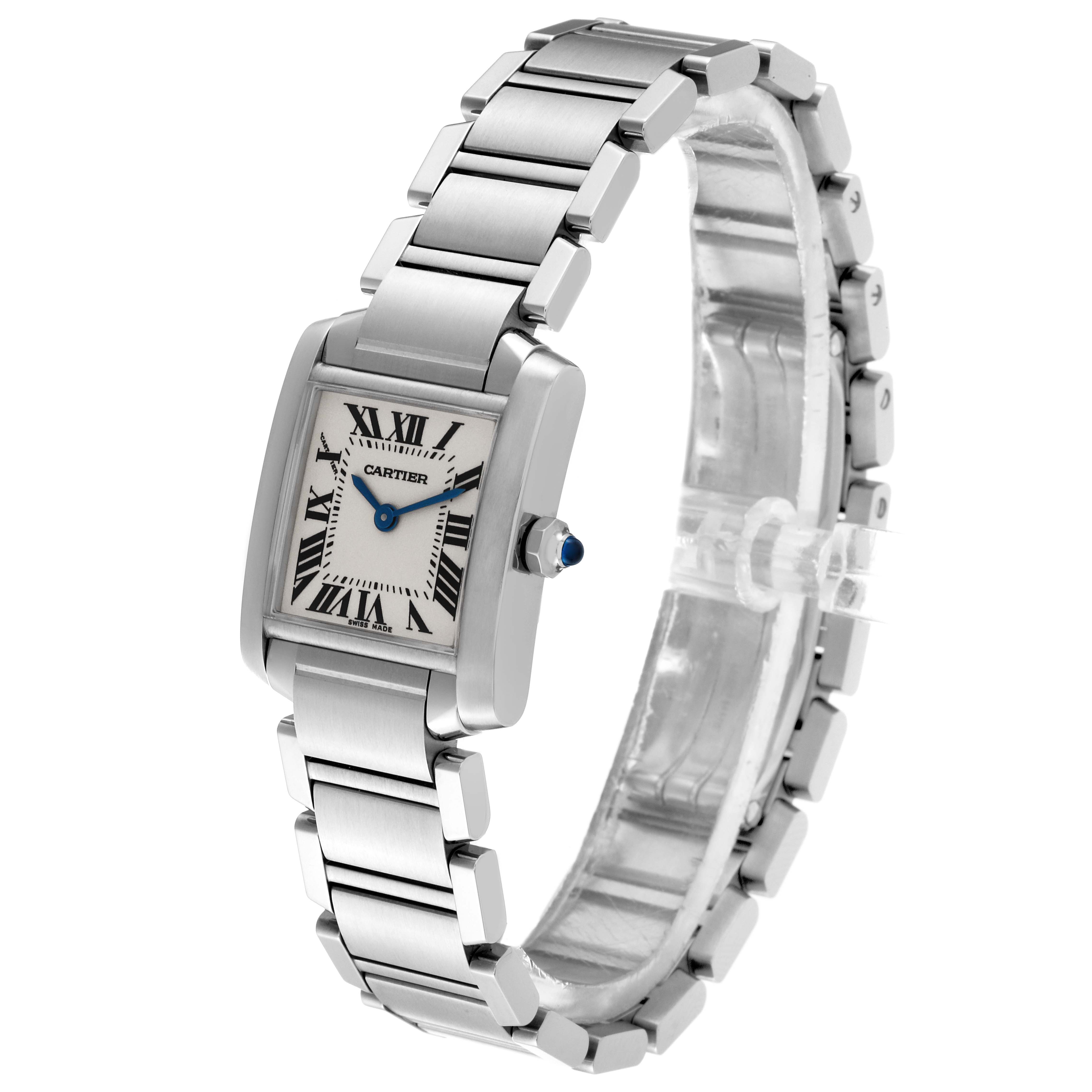 The image shows the Cartier Tank Francaise W51008Q3 Women's Stainless Steel Silver Dial W51008Q3 Women's Stainless Steel Silver Dial watch at a three-quarter angle, highlighting its face, bracelet, and crown.