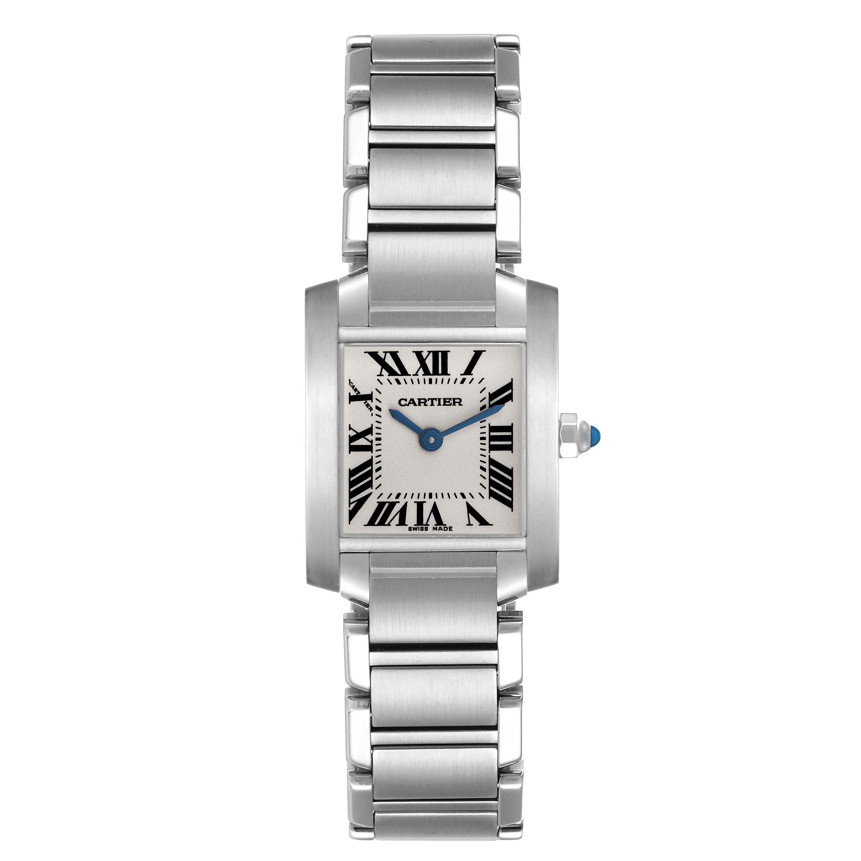 The image shows a front view of the Cartier Tank Francaise W51008Q3 Women's Stainless Steel Silver Dial W51008Q3 Women's Stainless Steel Silver Dial watch, highlighting the face, bezel, and bracelet.