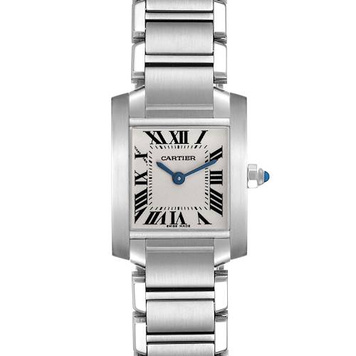 The image shows a front view of the Cartier Tank Française watch, highlighting its rectangular face, Roman numerals, and stainless steel bracelet.