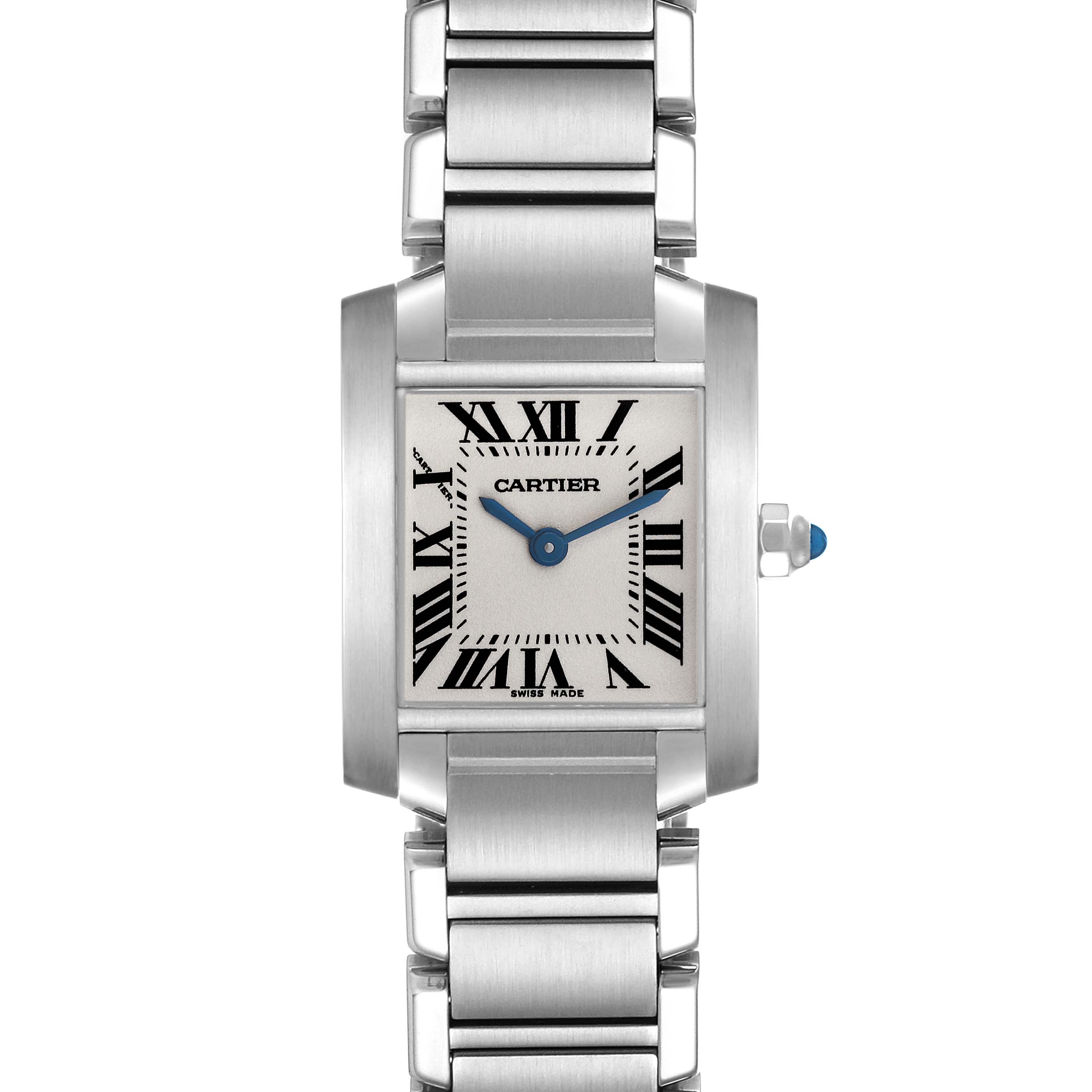 The image shows a full-front view of a Cartier Tank Francaise W51008Q3 Women's Stainless Steel Silver Dial W51008Q3 Women's Stainless Steel Silver Dial watch, displaying the face, bezel, and bracelet.