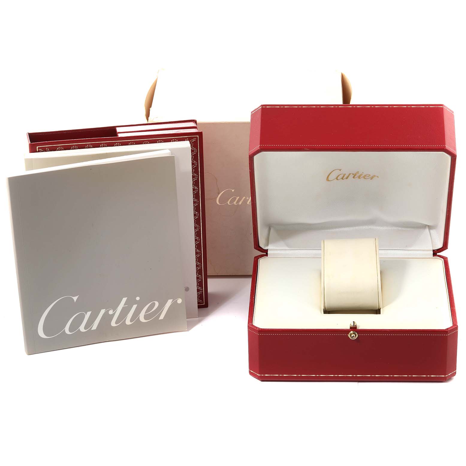 The image shows the packaging and accessories for a Cartier Tank Francaise W51008Q3 Women's Stainless Steel Silver Dial W51008Q3 Women's Stainless Steel Silver Dial watch, including the box and manuals.