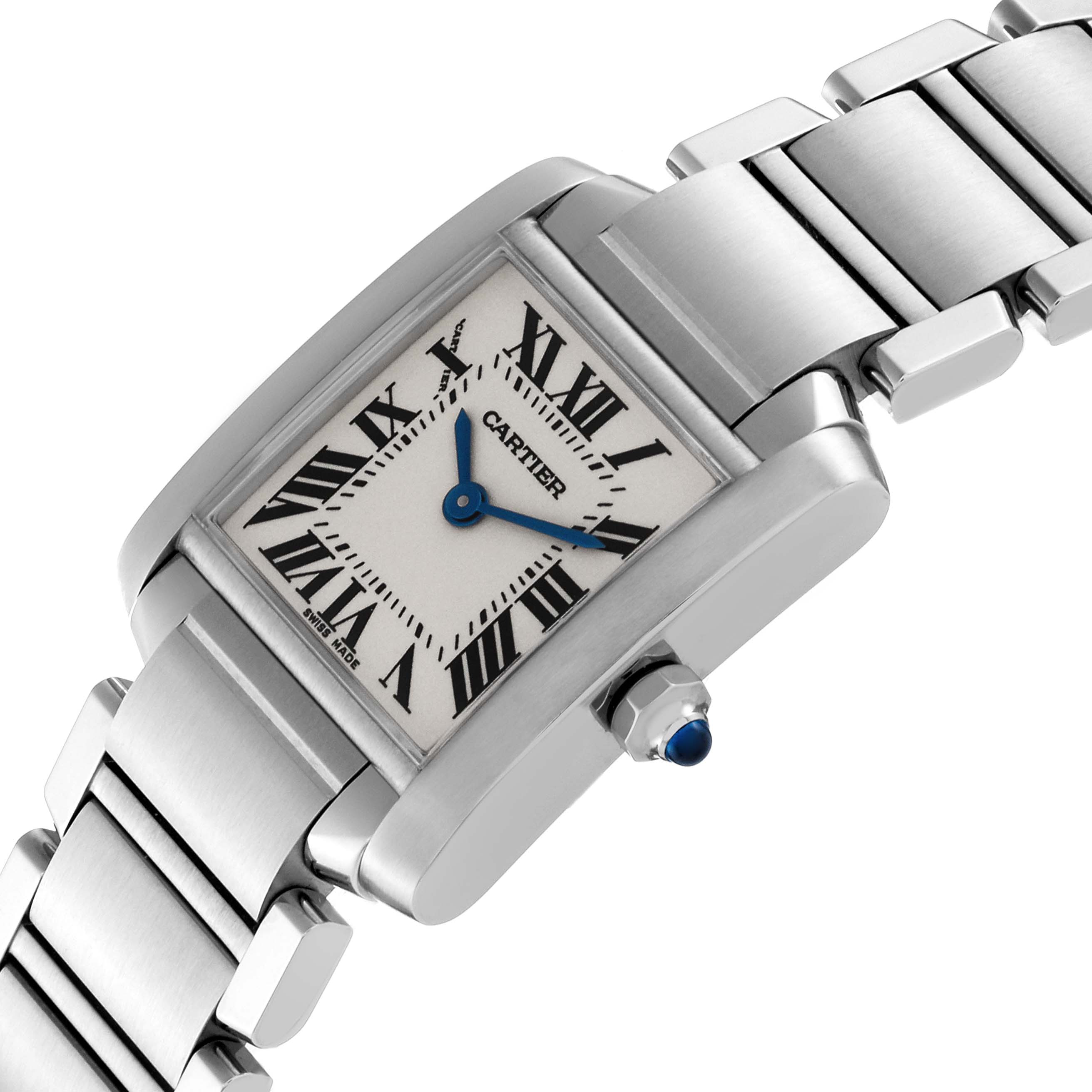 The image shows a close-up angle of a Cartier Tank Francaise W51008Q3 Women's Stainless Steel Silver Dial W51008Q3 Women's Stainless Steel Silver Dial watch, highlighting the face, crown, and part of the metal bracelet.