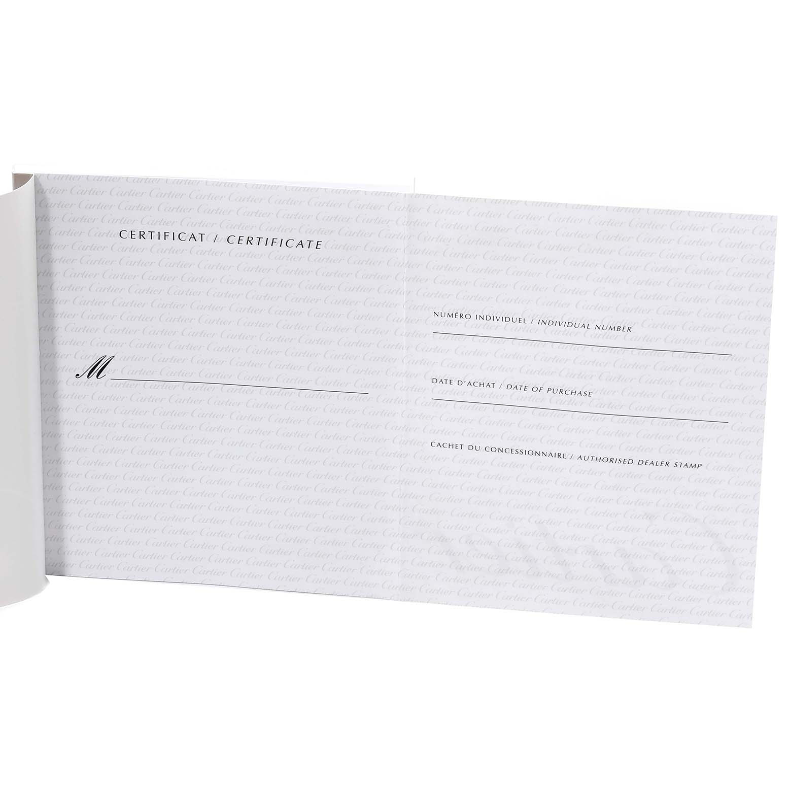 The image shows an open booklet with the certificate page for the Cartier Tank Française model watch.