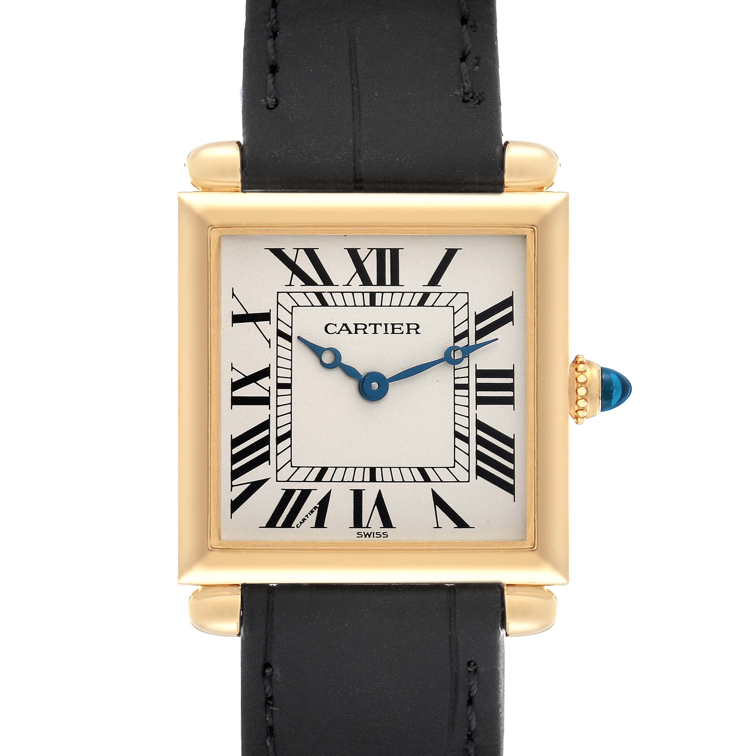 The Cartier Tank Obus W1512256 Women
s Yellow Gold Silver Dial watch is shown from the front, highlighting its square face, gold casing, and black leather strap.