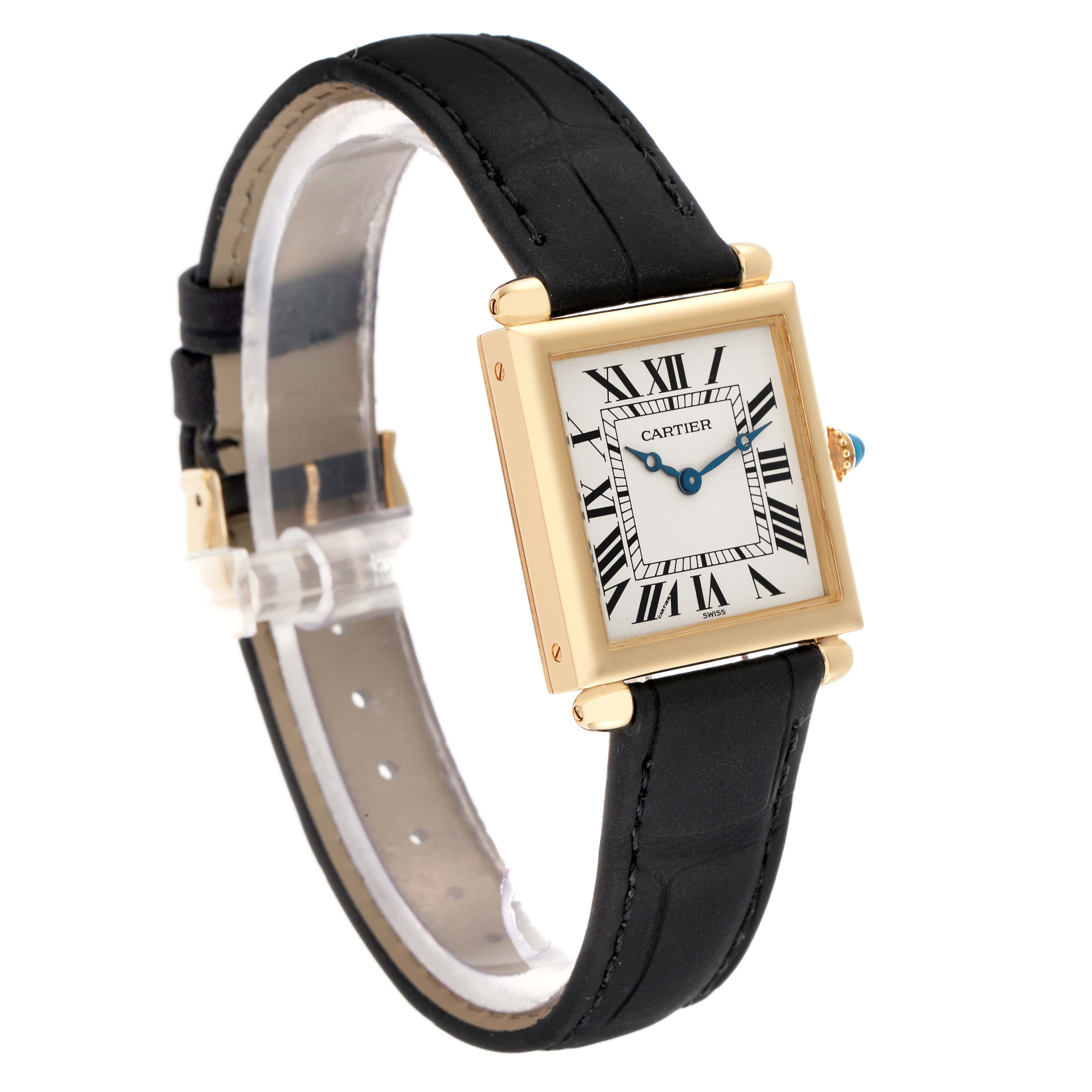 The Cartier Tank Obus W1512256 Women
s Yellow Gold Silver Dial watch is shown at a three-quarter angle, featuring a gold case, black leather strap, Roman numerals, and blue hands.