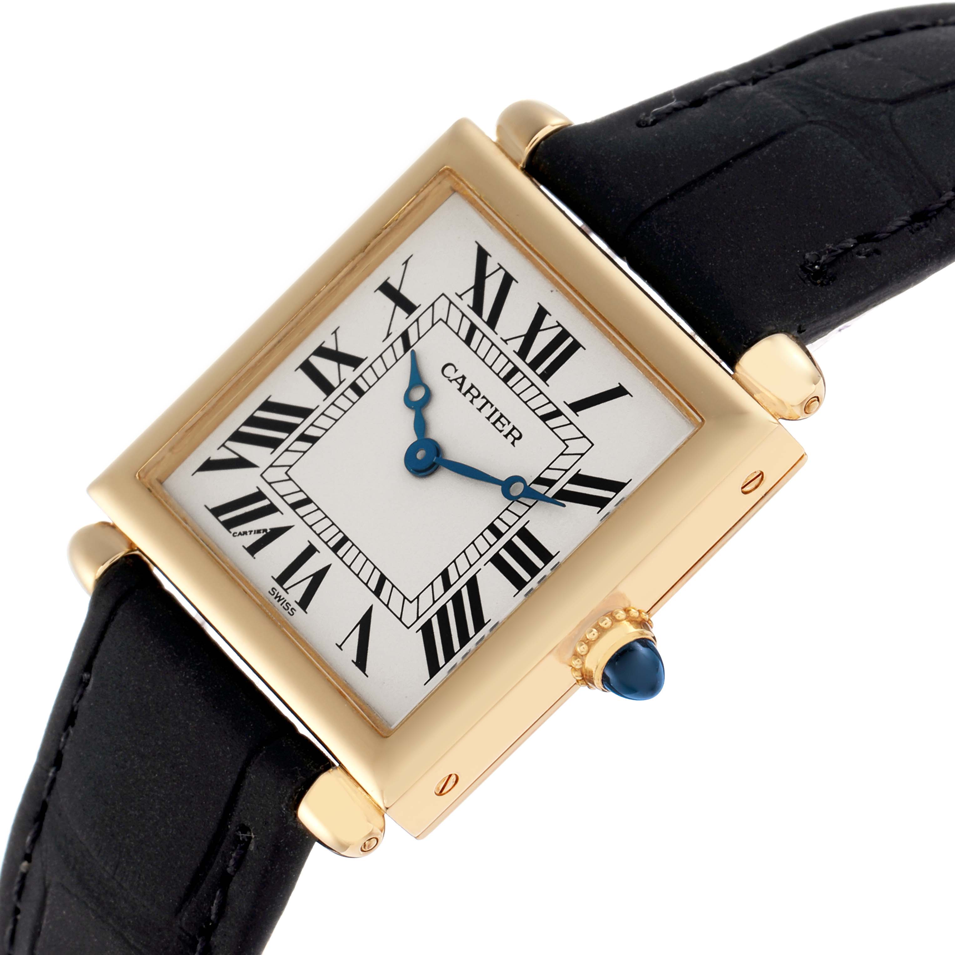 The Cartier Tank Obus W1512256 Women
s Yellow Gold Silver Dial watch is shown from a slightly tilted front angle, highlighting its face, crown, and strap.