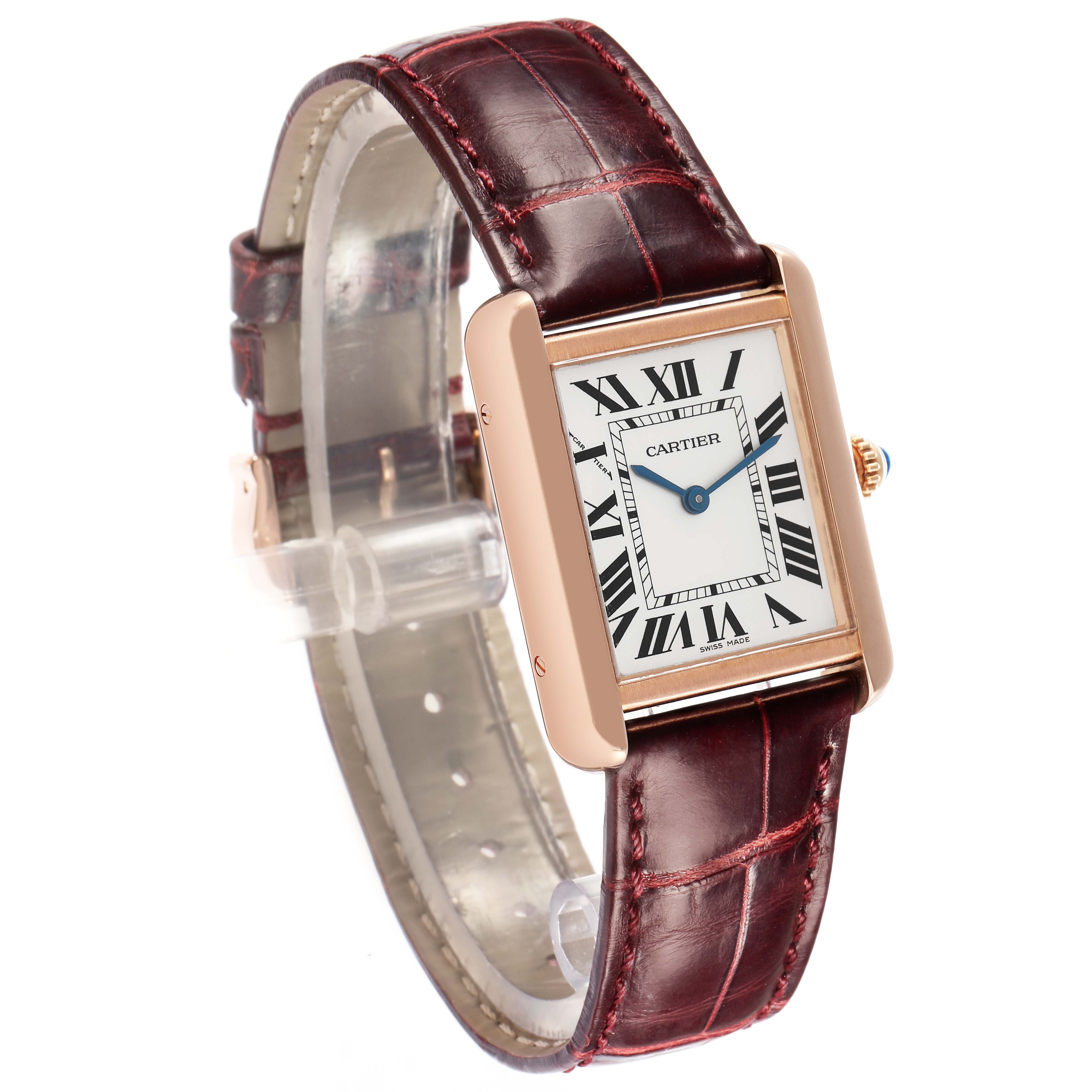 The Cartier Tank Solo W5200024 Women
s Rose Gold Silver Dial watch is shown at an angled front view, highlighting the face, strap, and side crown.