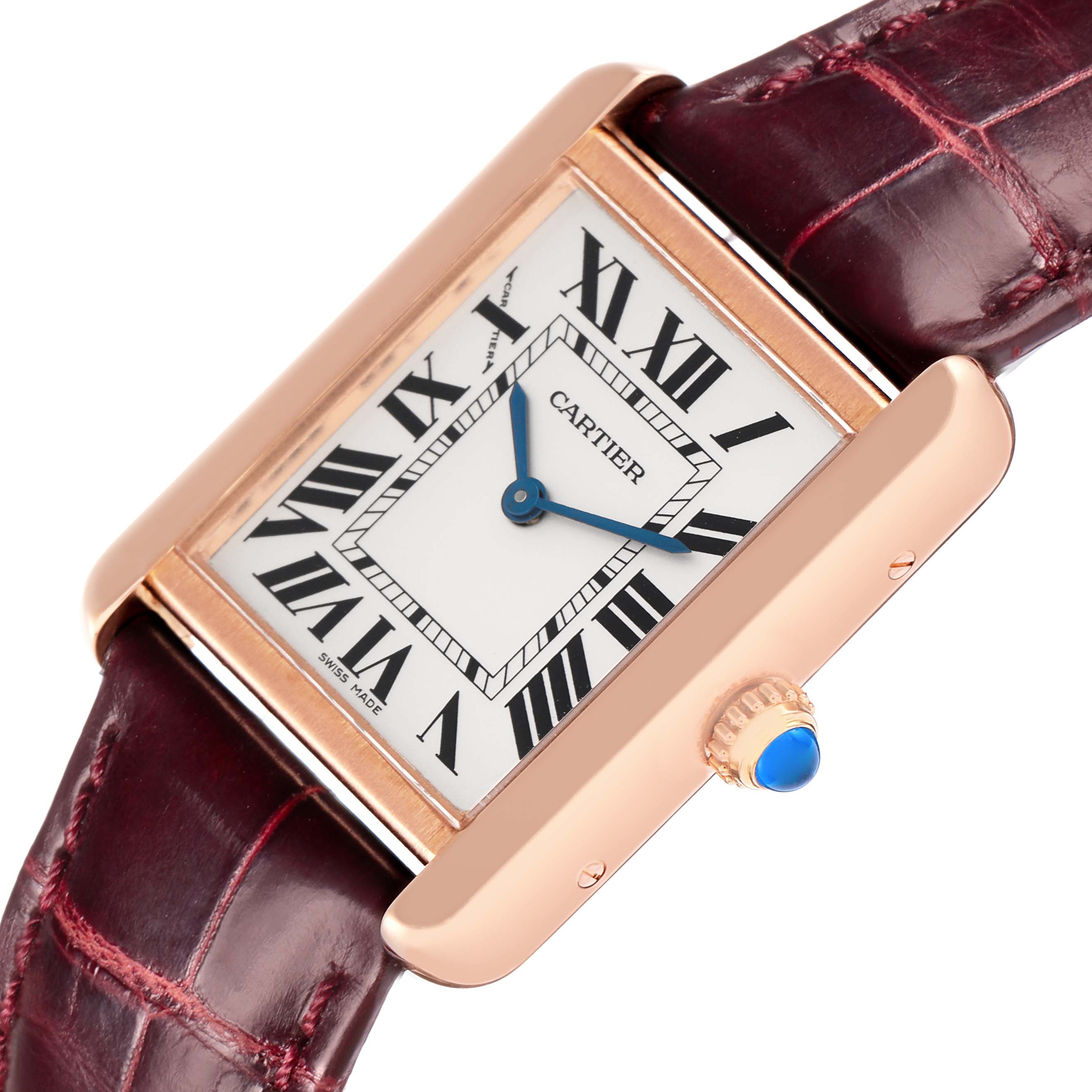 The Cartier Tank Solo W5200024 Women
s Rose Gold Silver Dial watch is shown at a slight angle, highlighting its rectangular case, blue hands, and leather strap.