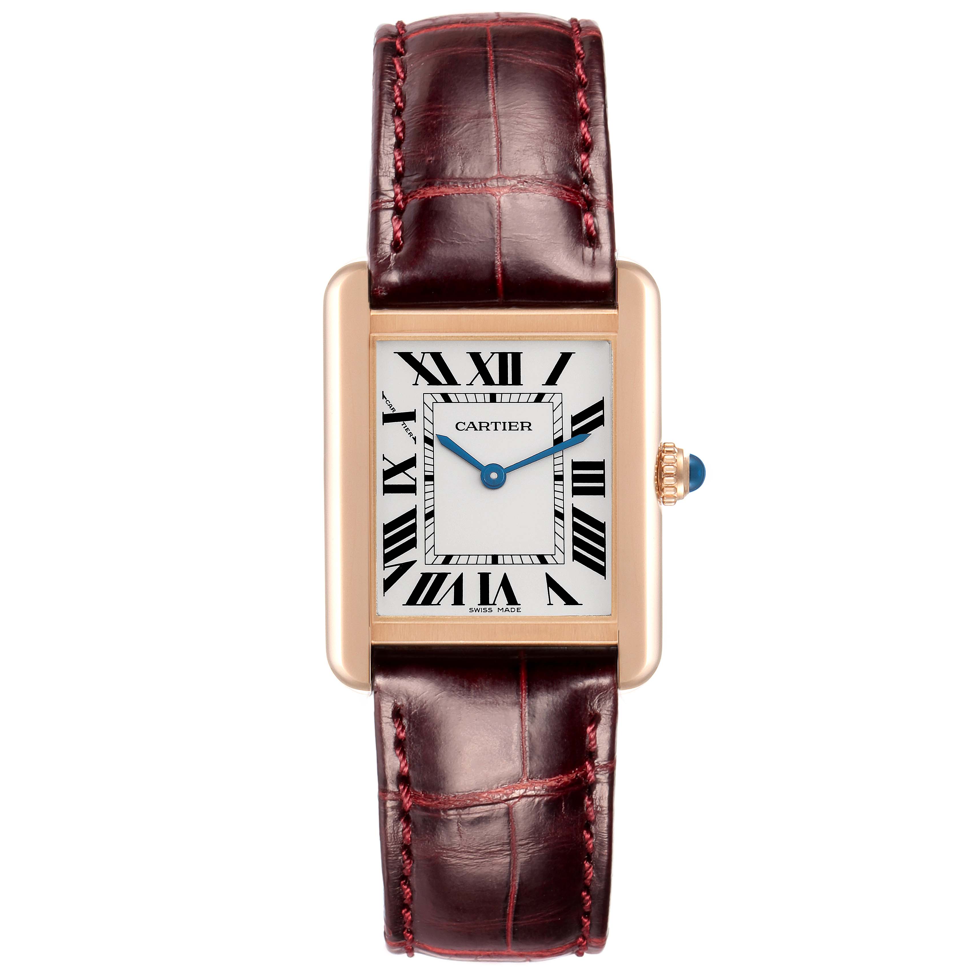 The Cartier Tank Solo W5200024 Women
s Rose Gold Silver Dial watch is shown from a front angle, displaying its rectangular face, Roman numerals, and leather strap.