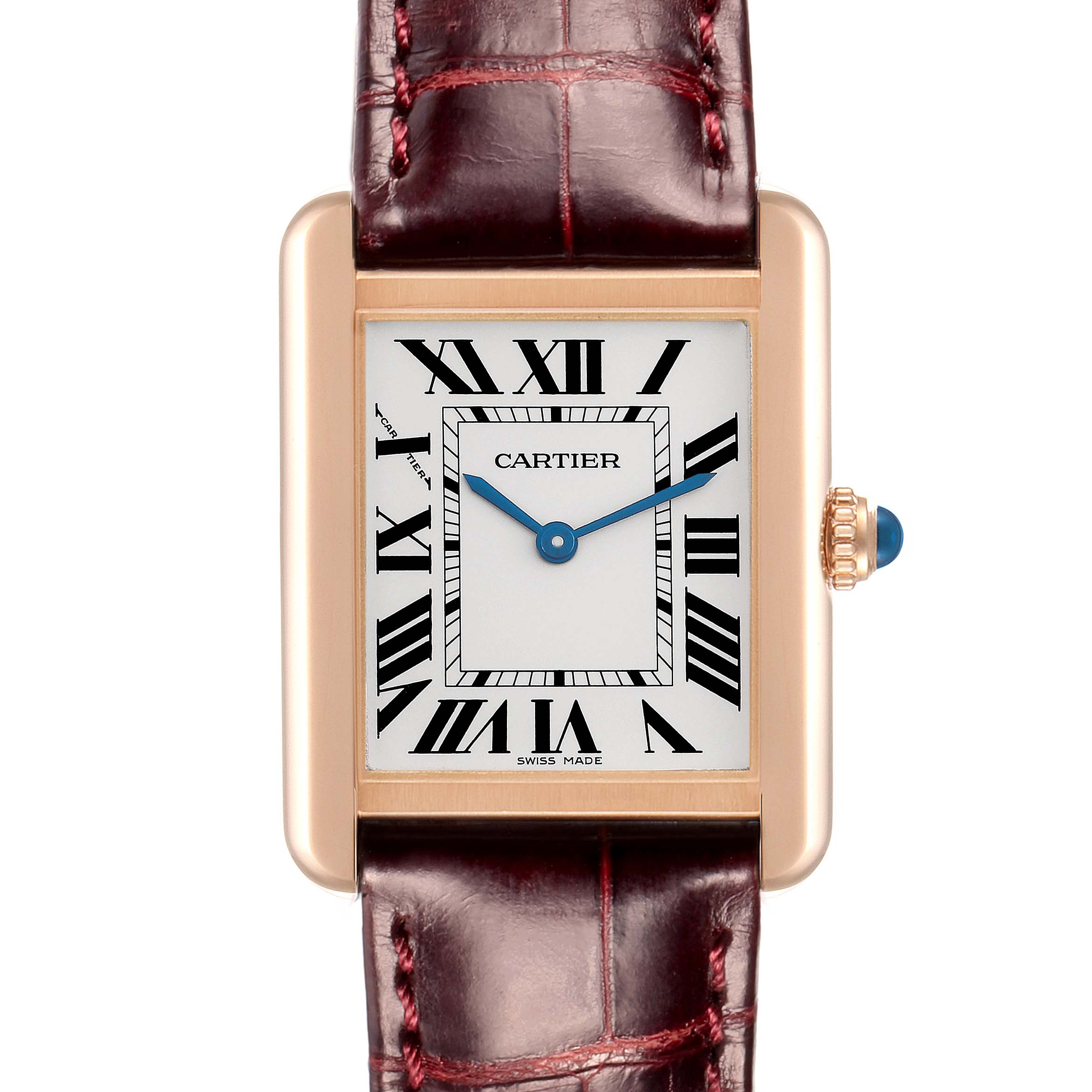 The Cartier Tank Solo W5200024 Women
s Rose Gold Silver Dial watch is shown front-facing, highlighting its rectangular face, Roman numerals, blue hands, and leather strap.