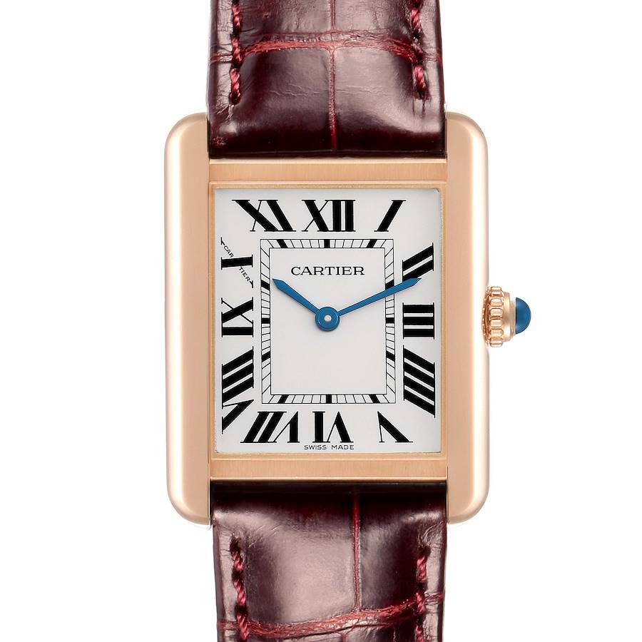 The image shows a front view of the Cartier Tank Solo model W5200024 men's watch, featuring its rectangular face, Roman numerals, and leather strap.