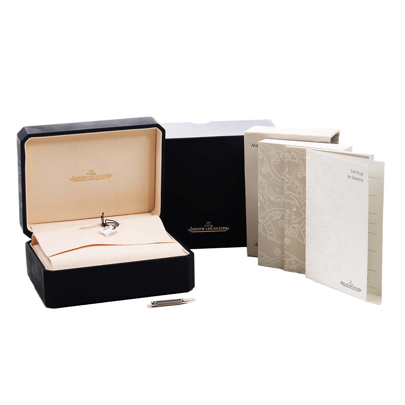 The Jaeger-LeCoultre Master model packaging includes an open box, branded pouch, manuals, and a pen, shown from a front angle.