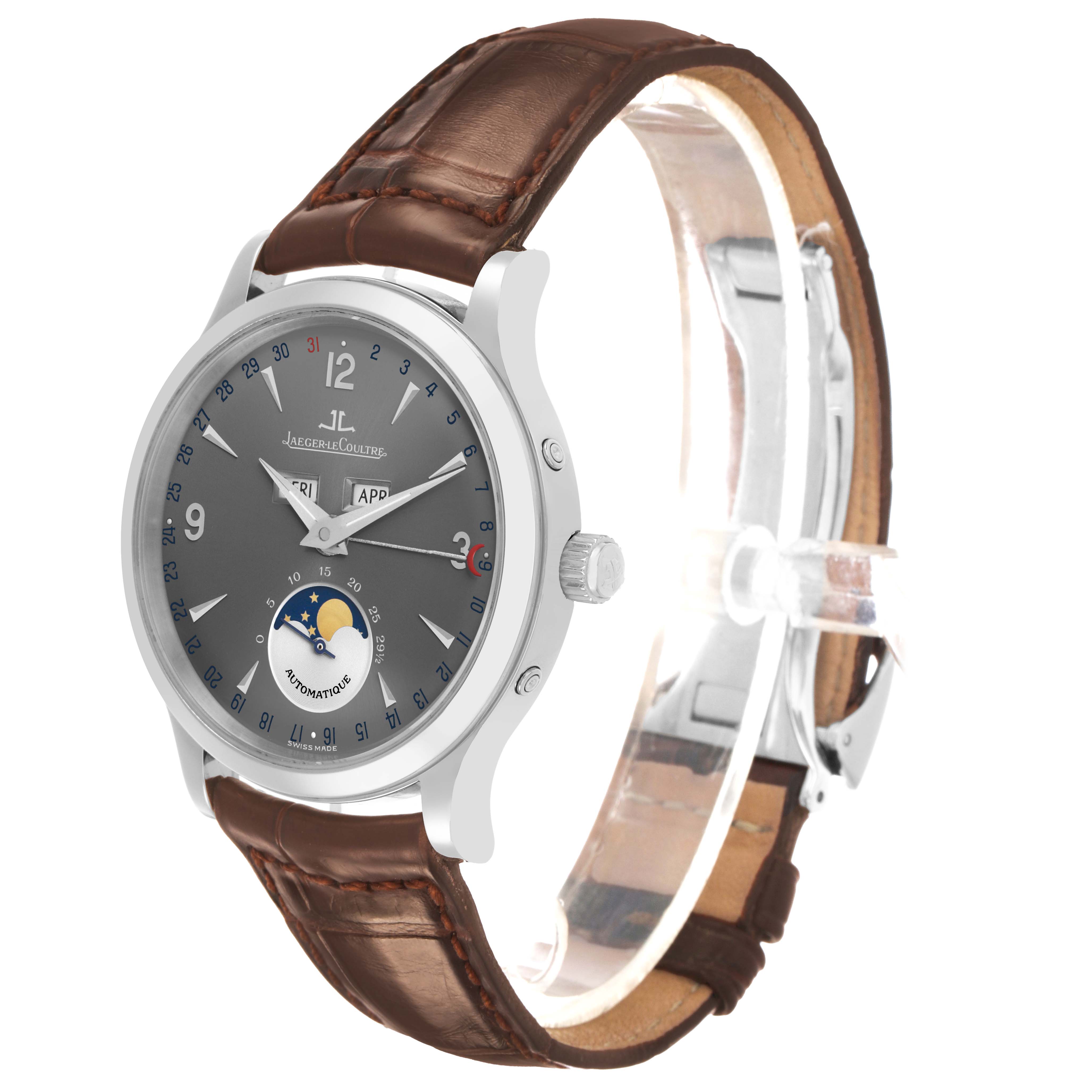 The Jaeger LeCoultre Master 140.3.98 Men's White Gold Grey Dial watch is shown at a three-quarter angle, highlighting the dial, crown, and leather strap.