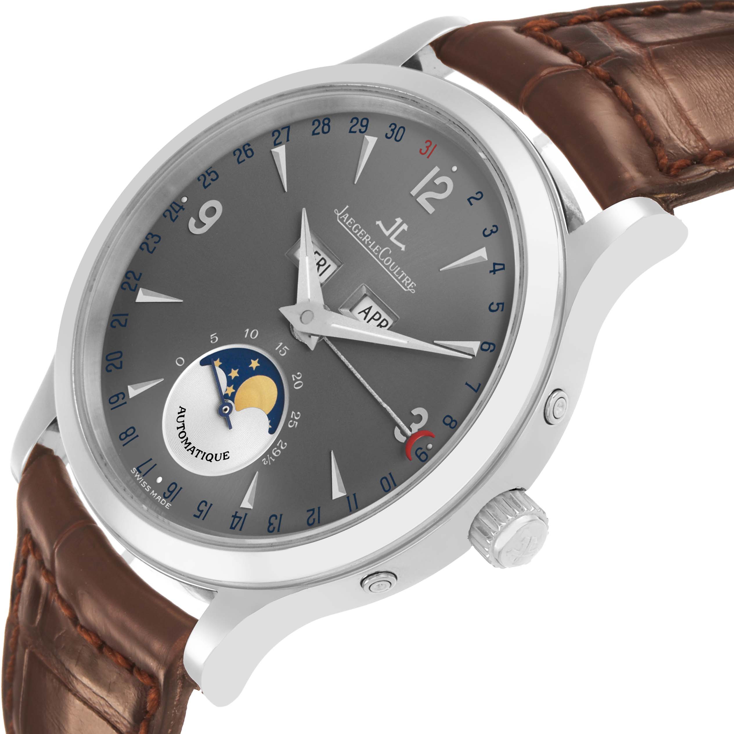 The Jaeger-LeCoultre Master model is shown at a slight angle, featuring the crown, dial with moon phase, date, and day indicators.