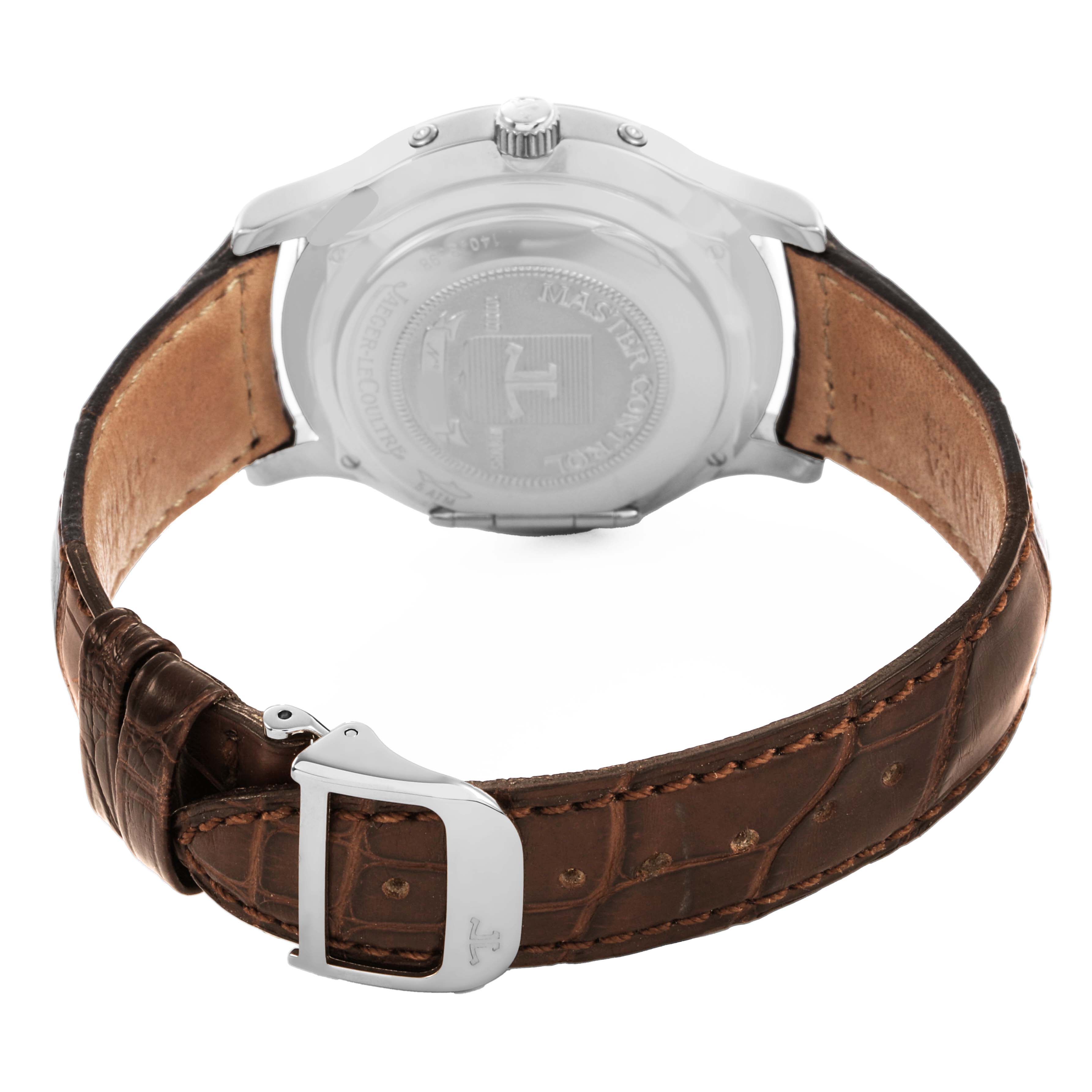 The Jaeger LeCoultre Master 140.3.98 Men's White Gold Grey Dial model is shown from the back, highlighting the case back, crown, and brown leather strap with a buckle.