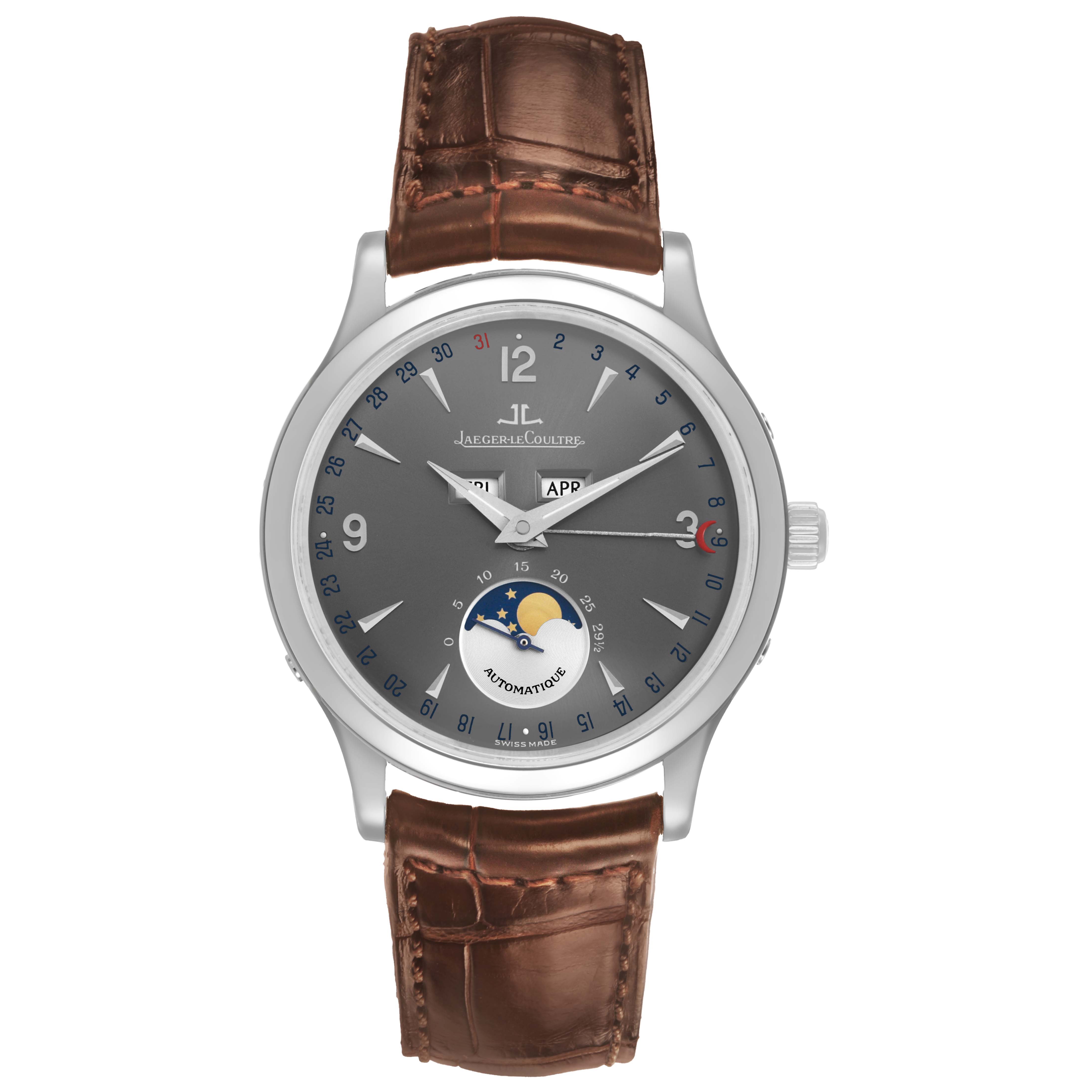 The Jaeger LeCoultre Master 140.3.98 Men's White Gold Grey Dial watch is shown from the front, displaying the dial, hands, moon phase, and brown leather strap.