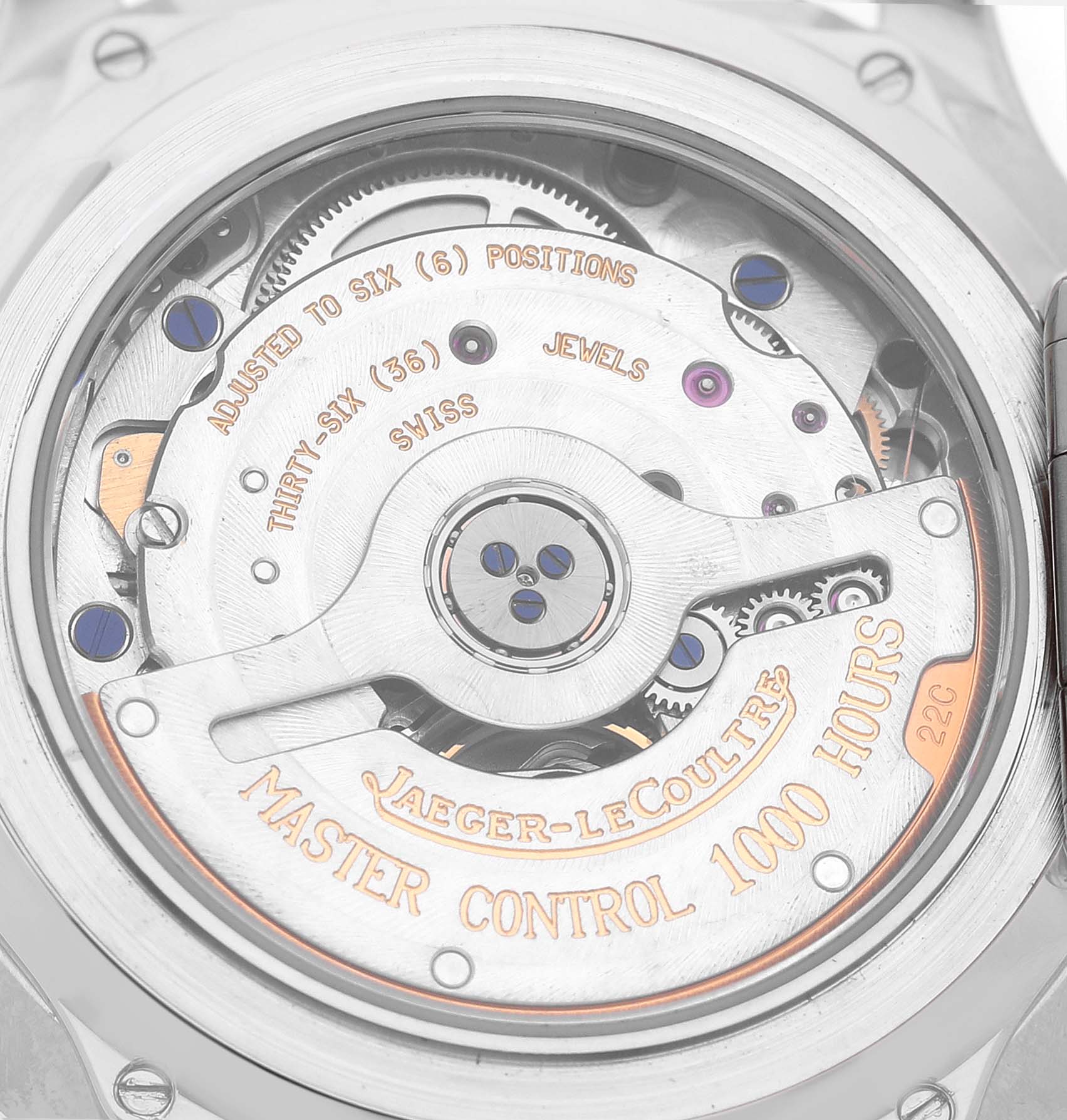 The image shows the back view of a Jaeger-LeCoultre Master model, highlighting the movement and engravings.