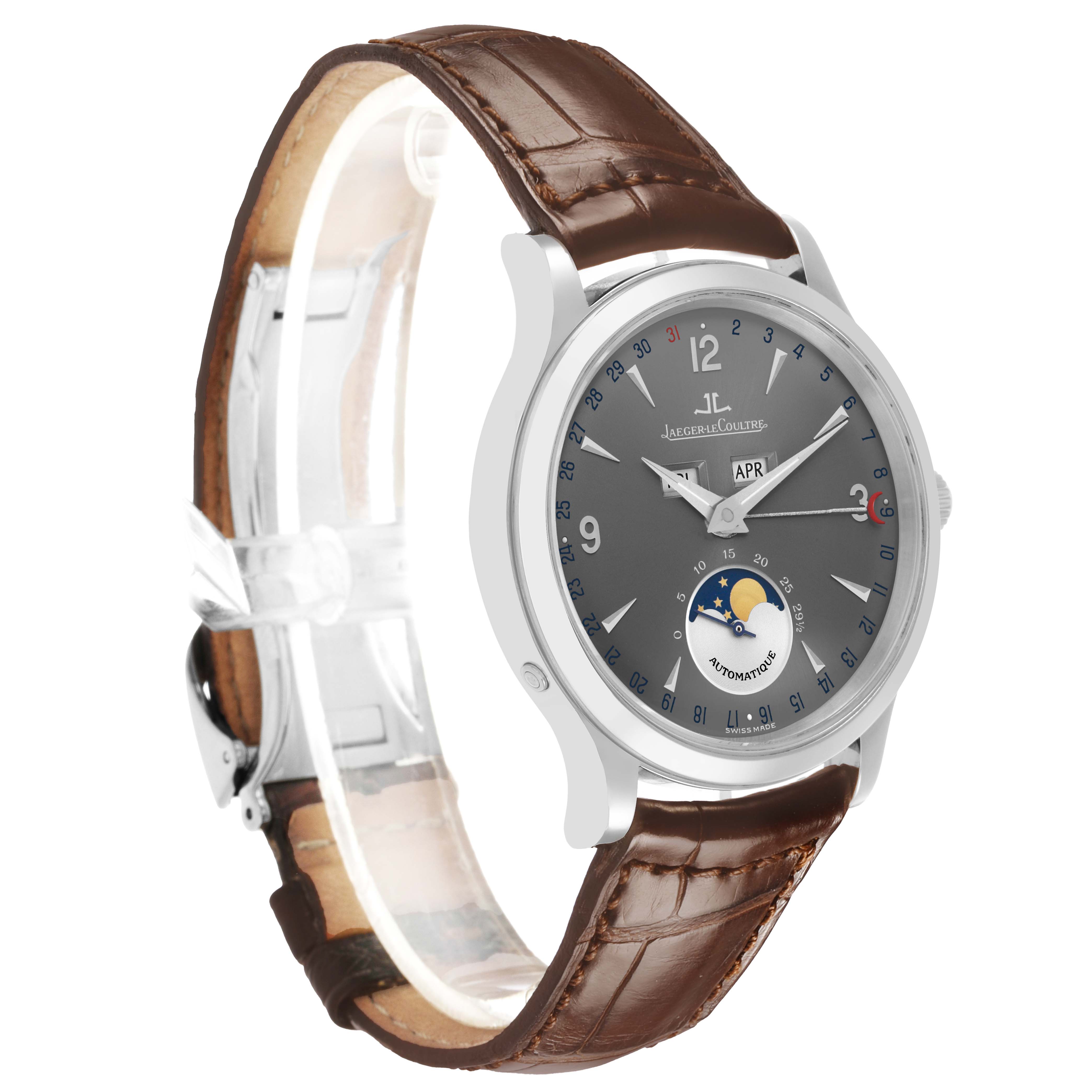 The Jaeger-LeCoultre Master watch is shown in a three-quarter angled view, displaying the dial, bezel, and brown leather strap.