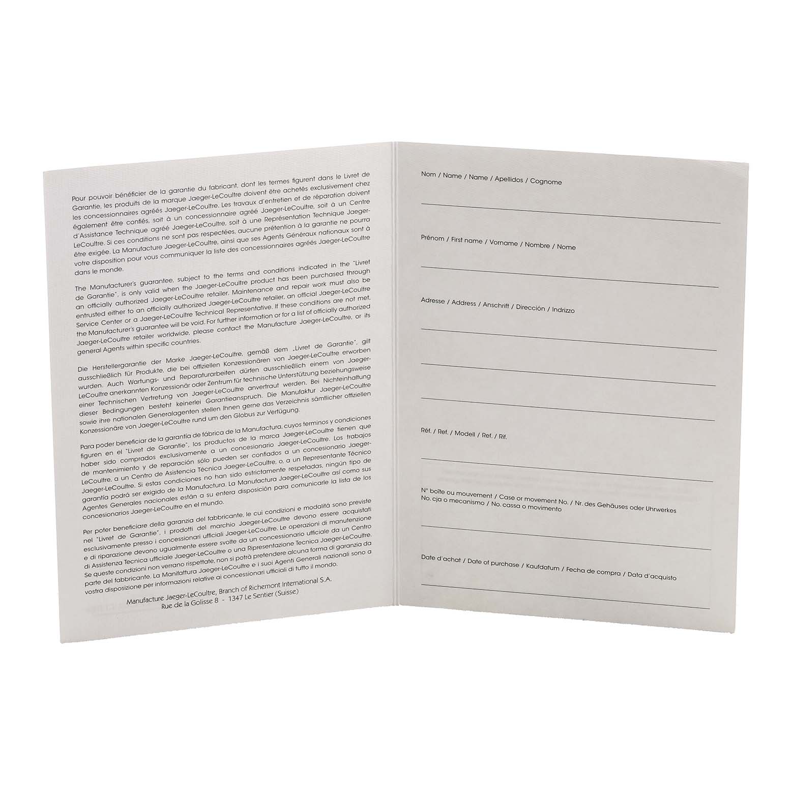 The image shows an open booklet with warranty and registration information for the Jaeger LeCoultre Master 140.3.98 Men's White Gold Grey Dial model watch.
