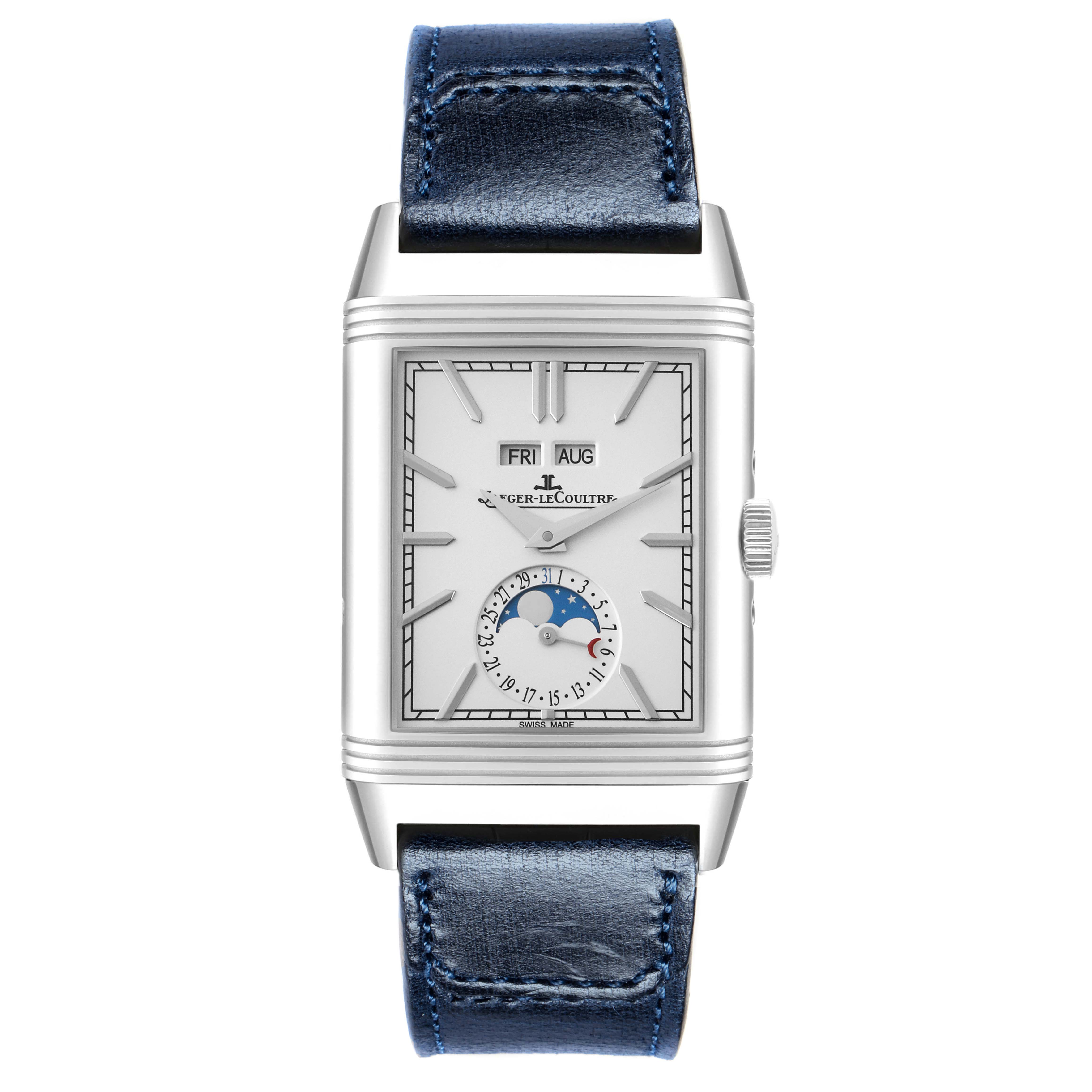 The Jaeger-LeCoultre Reverso watch is shown from the front, displaying its face, case, crown, and blue leather strap.