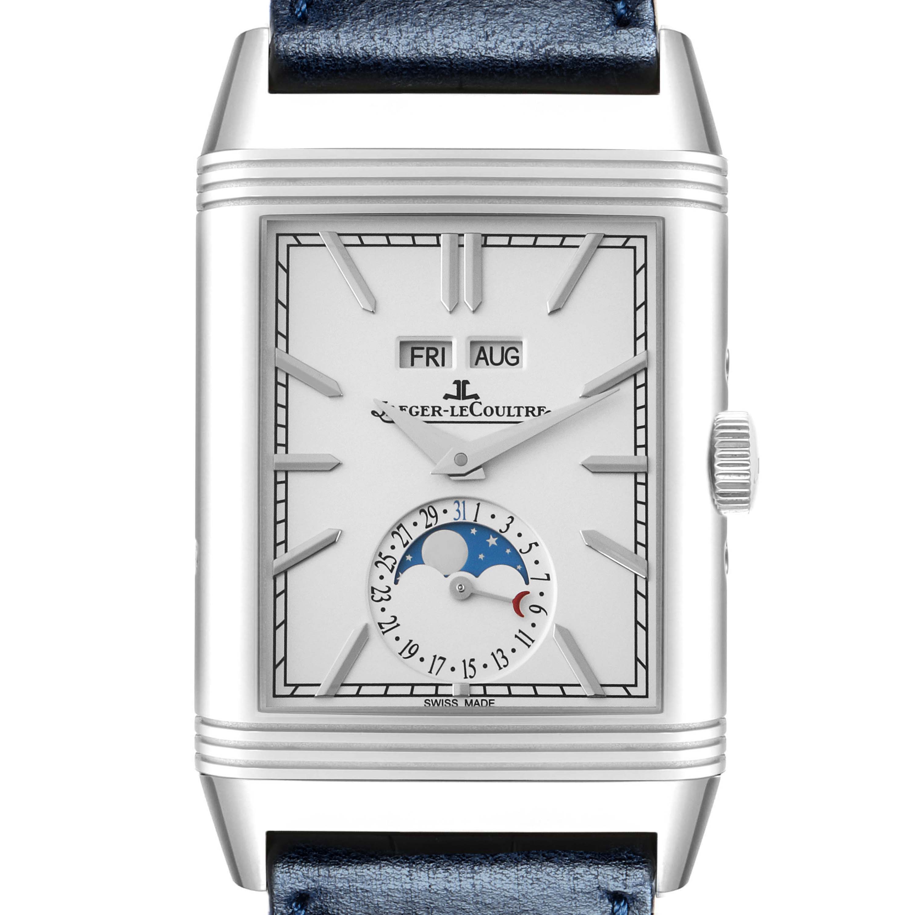 The Jaeger-LeCoultre Reverso watch is shown from the front, displaying the dial, day, month, and moon phase indicators.