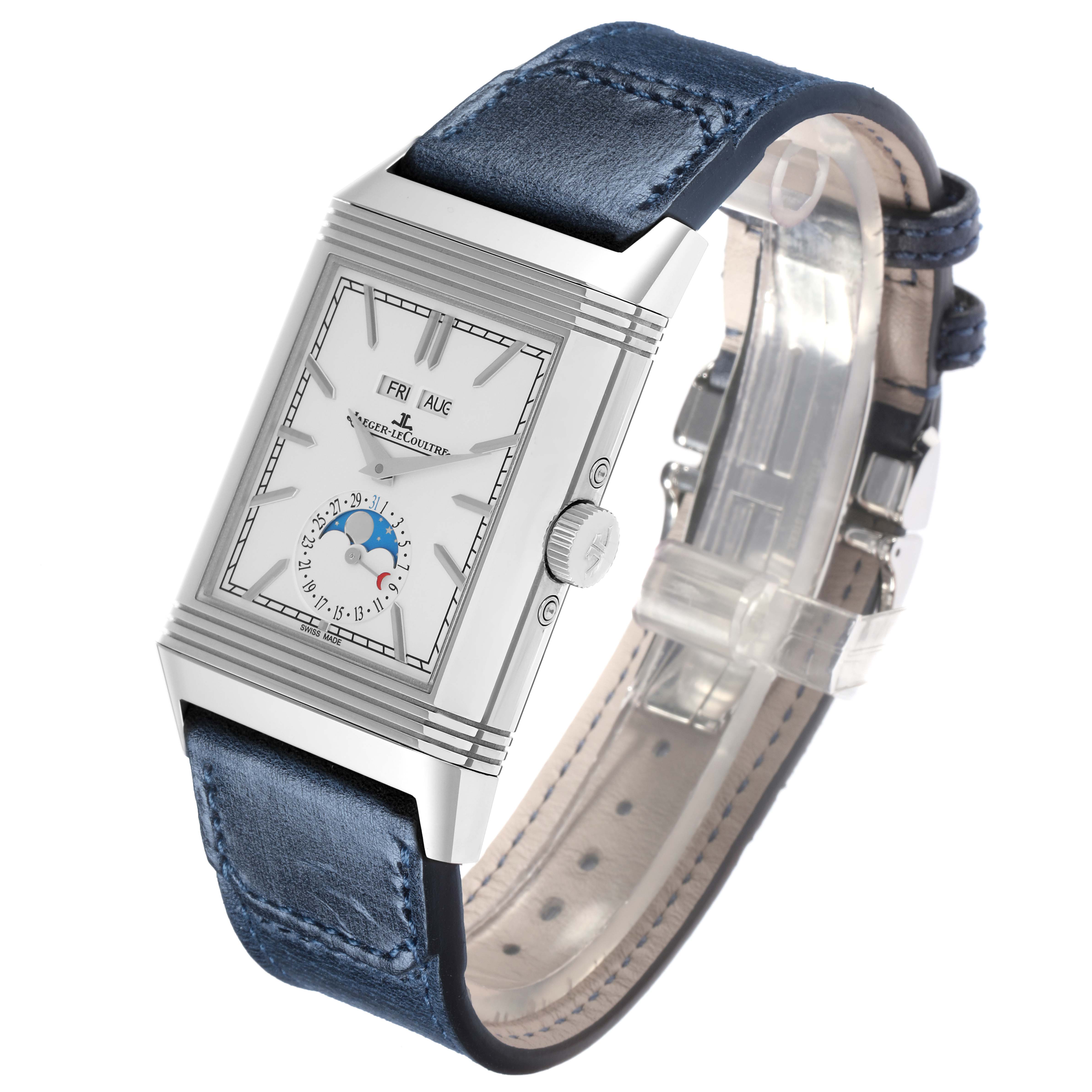 The Jaeger-LeCoultre Reverso watch is shown at a three-quarter angle, displaying its face, crown, and blue leather strap.