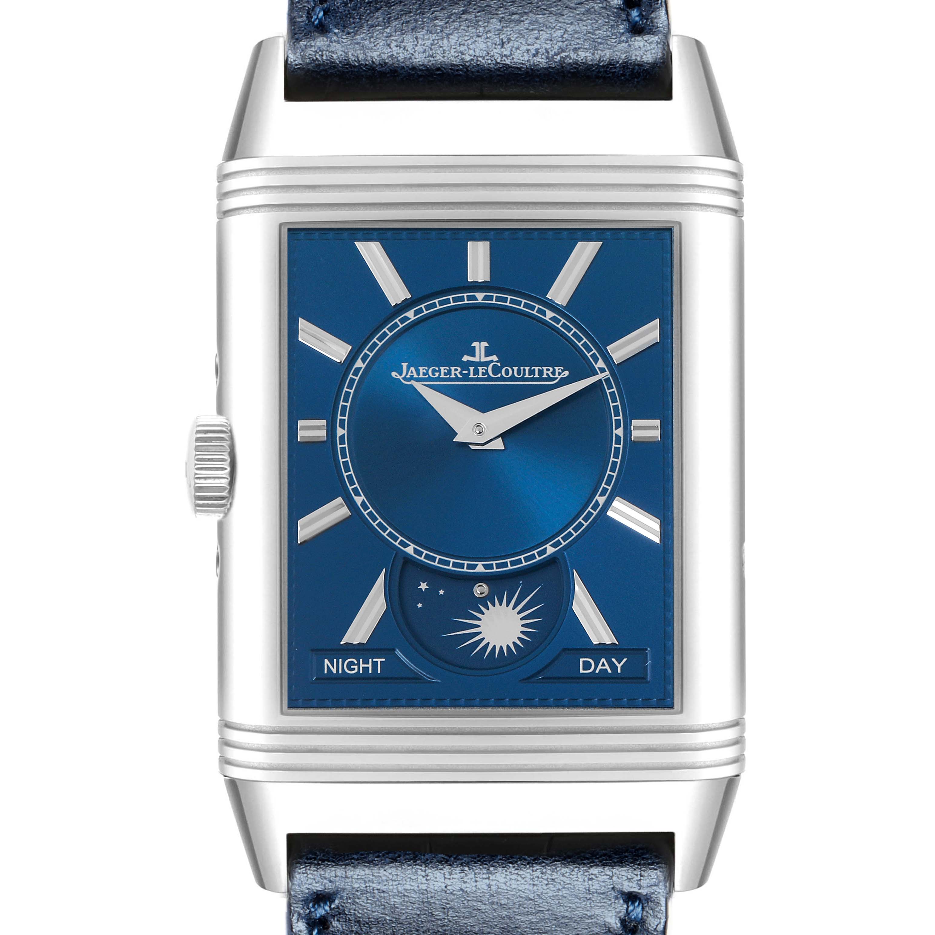 The image shows a Jaeger-LeCoultre Reverso watch from a front angle, highlighting the blue dial and day-night indicator.