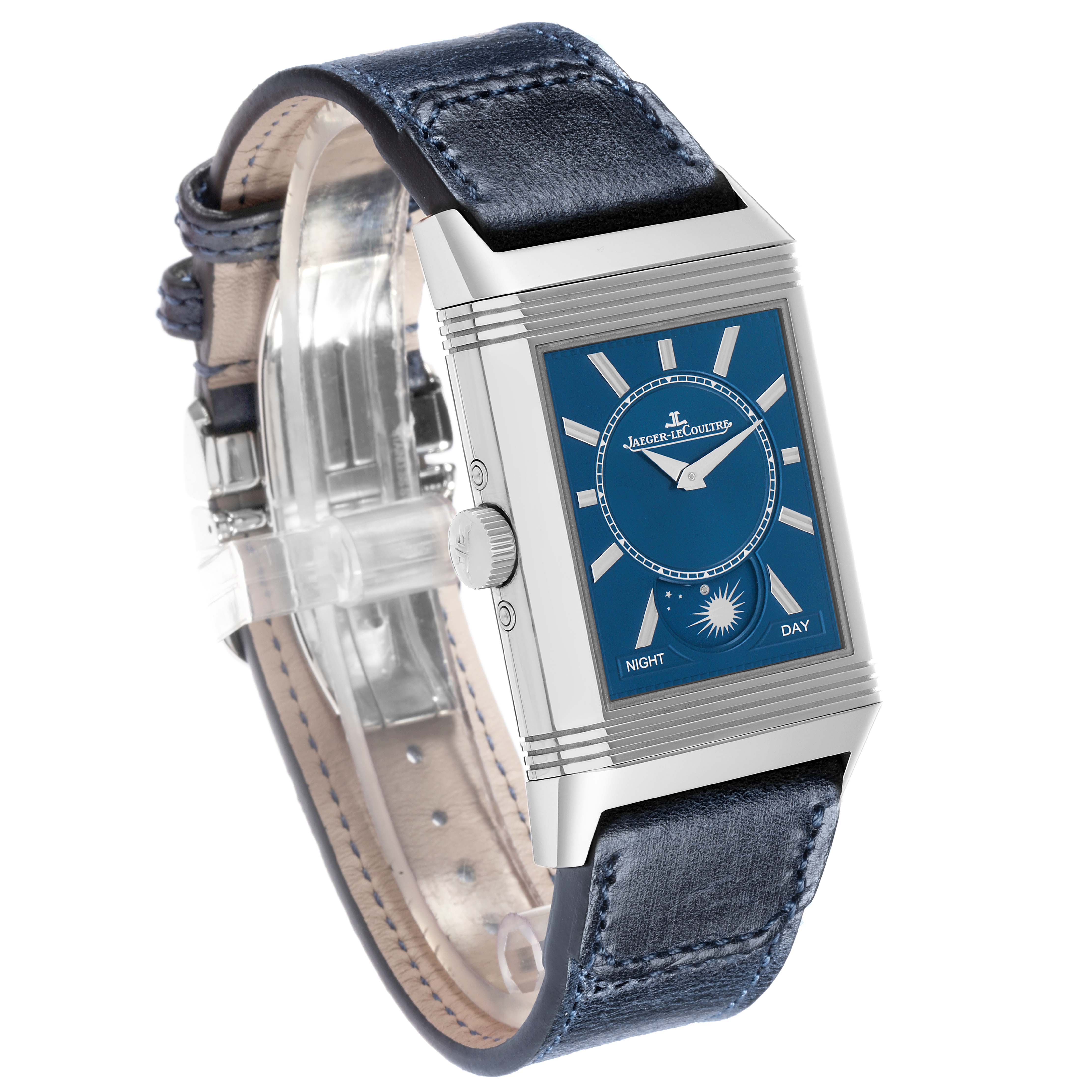 The Jaeger-LeCoultre Reverso watch is shown from an angled side view, highlighting the blue dial and leather strap.