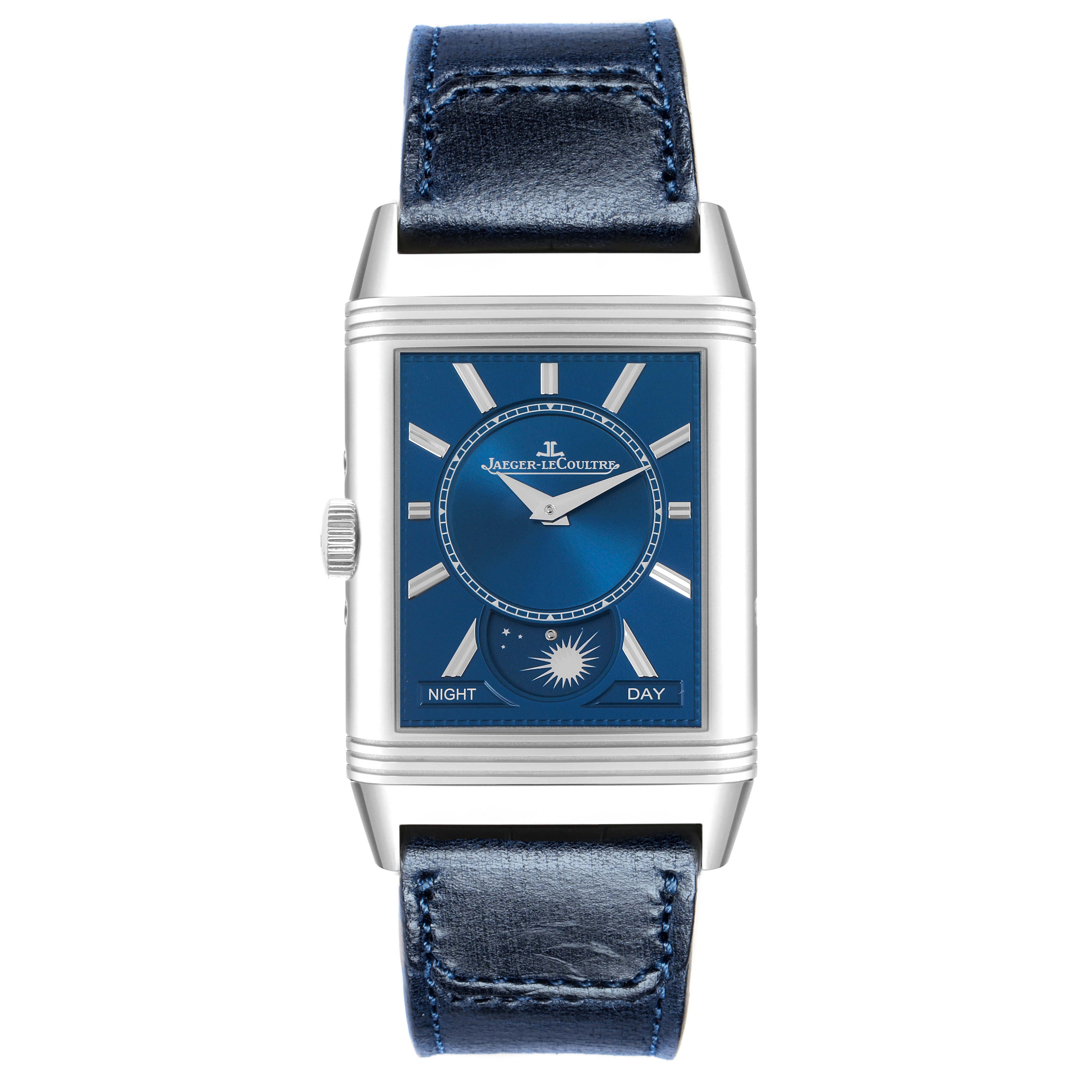 This is a front view of the Jaeger LeCoultre Reverso Q3918420 Men
s Stainless Steel Silver Dial, showing the blue dial, case, crown, and leather strap.