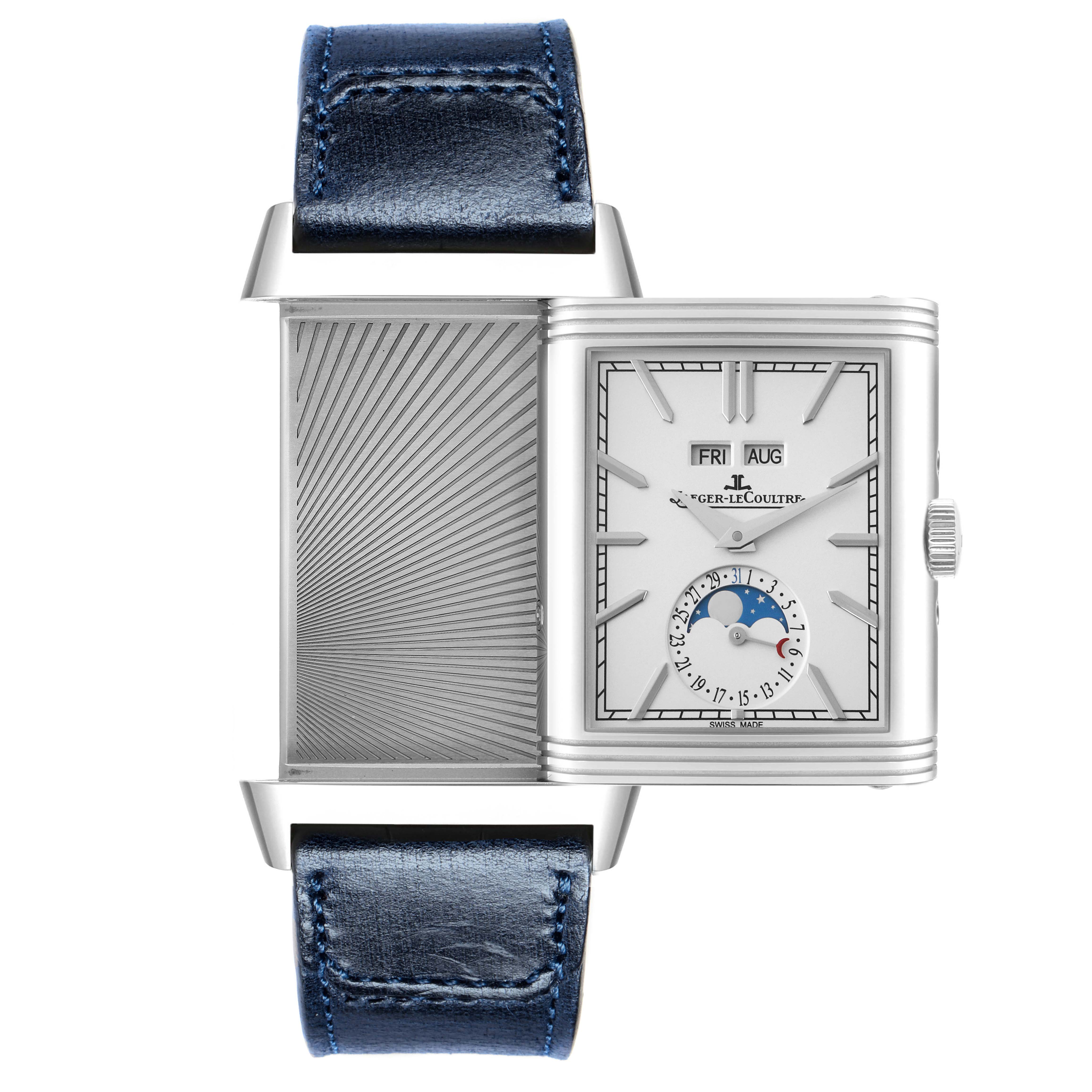The Jaeger LeCoultre Reverso Q3918420 Men
s Stainless Steel Silver Dial watch is shown at a straight-on angle, displaying both the watch face and the reversed case side with its textured pattern.