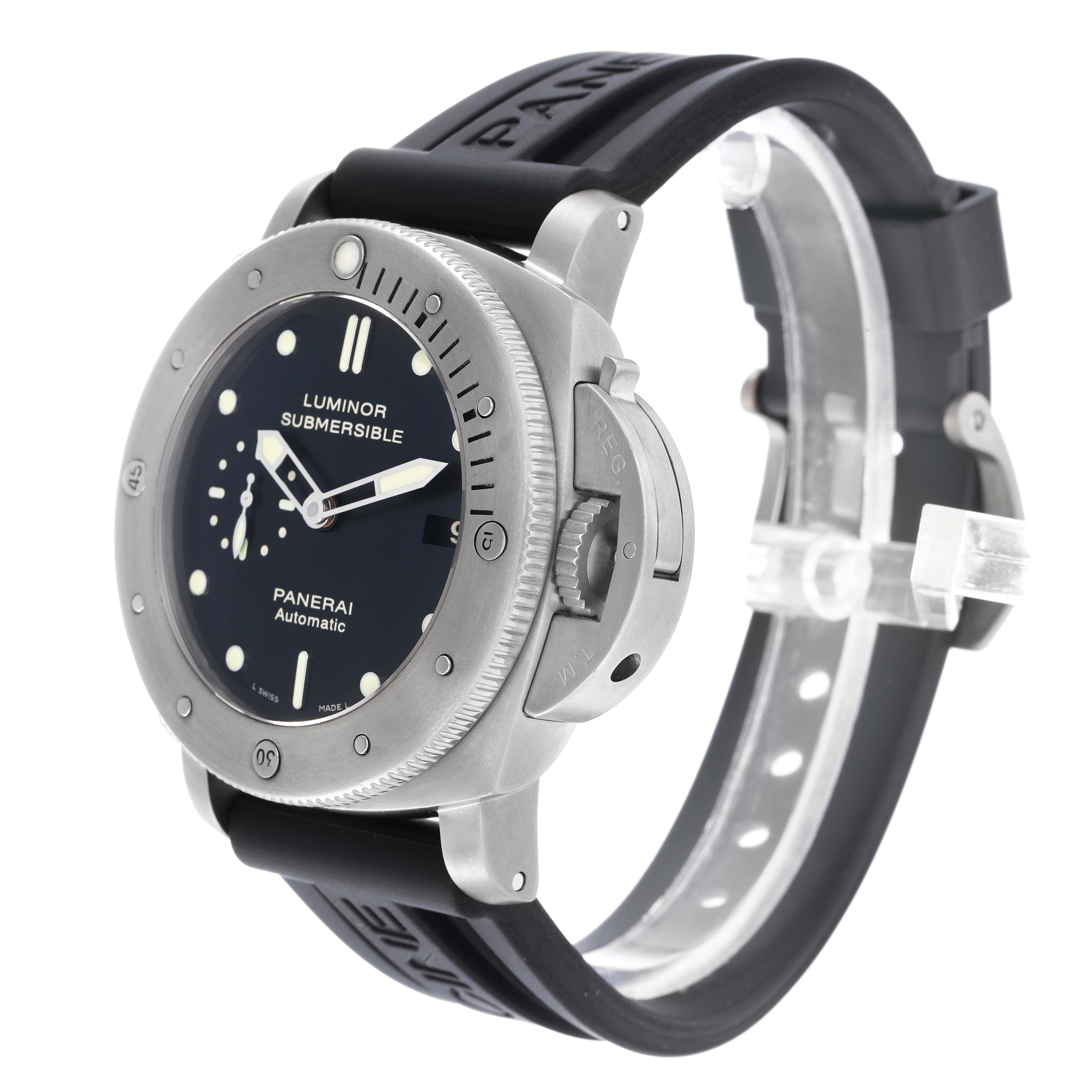 The Panerai Submersible OP6734 Men
s Titanium Black Dial watch is shown at a three-quarter angle, highlighting the dial, bezel, crown guard, and rubber strap.