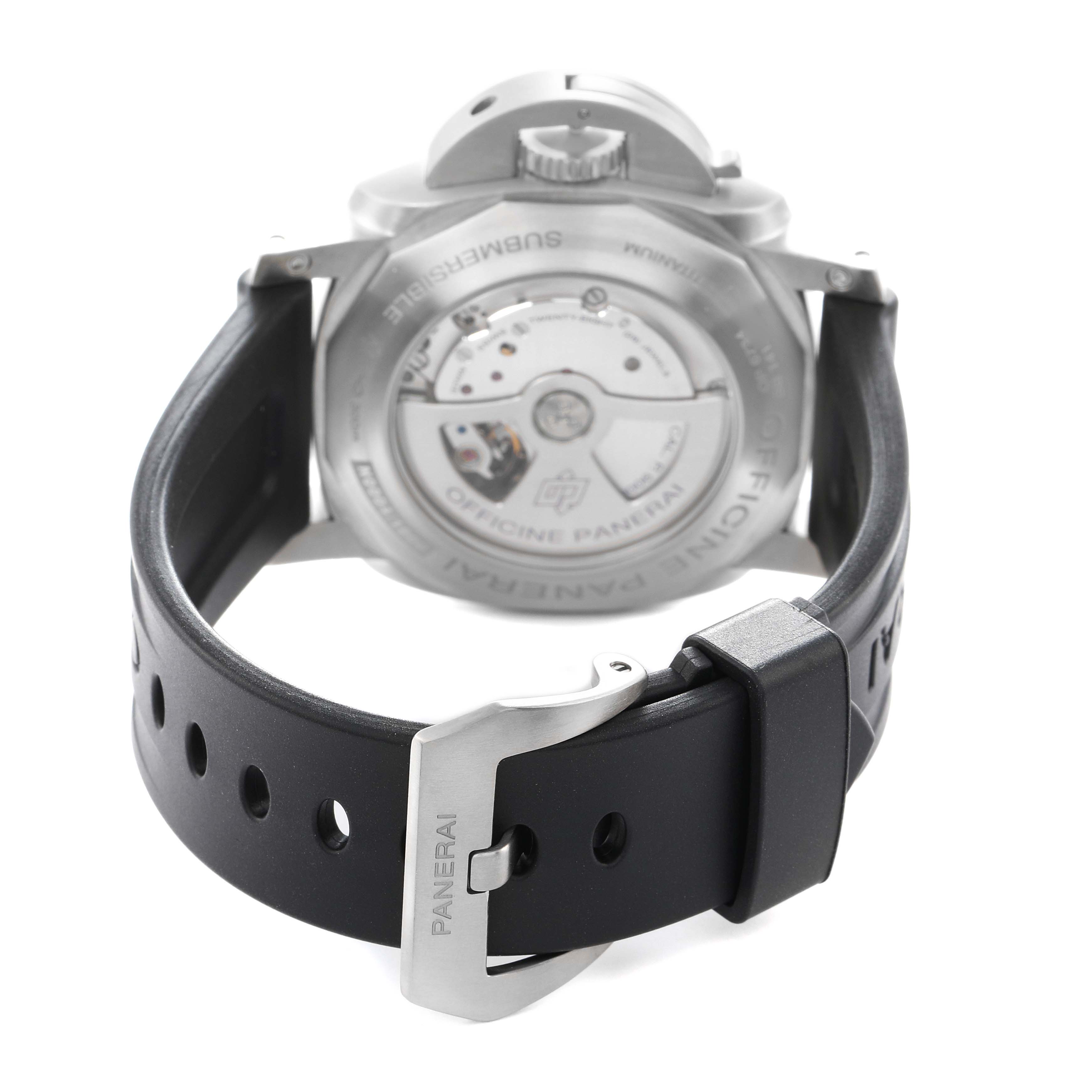 The image shows the back view of the Panerai Submersible OP6734 Men
s Titanium Black Dial watch, highlighting the case back, strap, and buckle.
